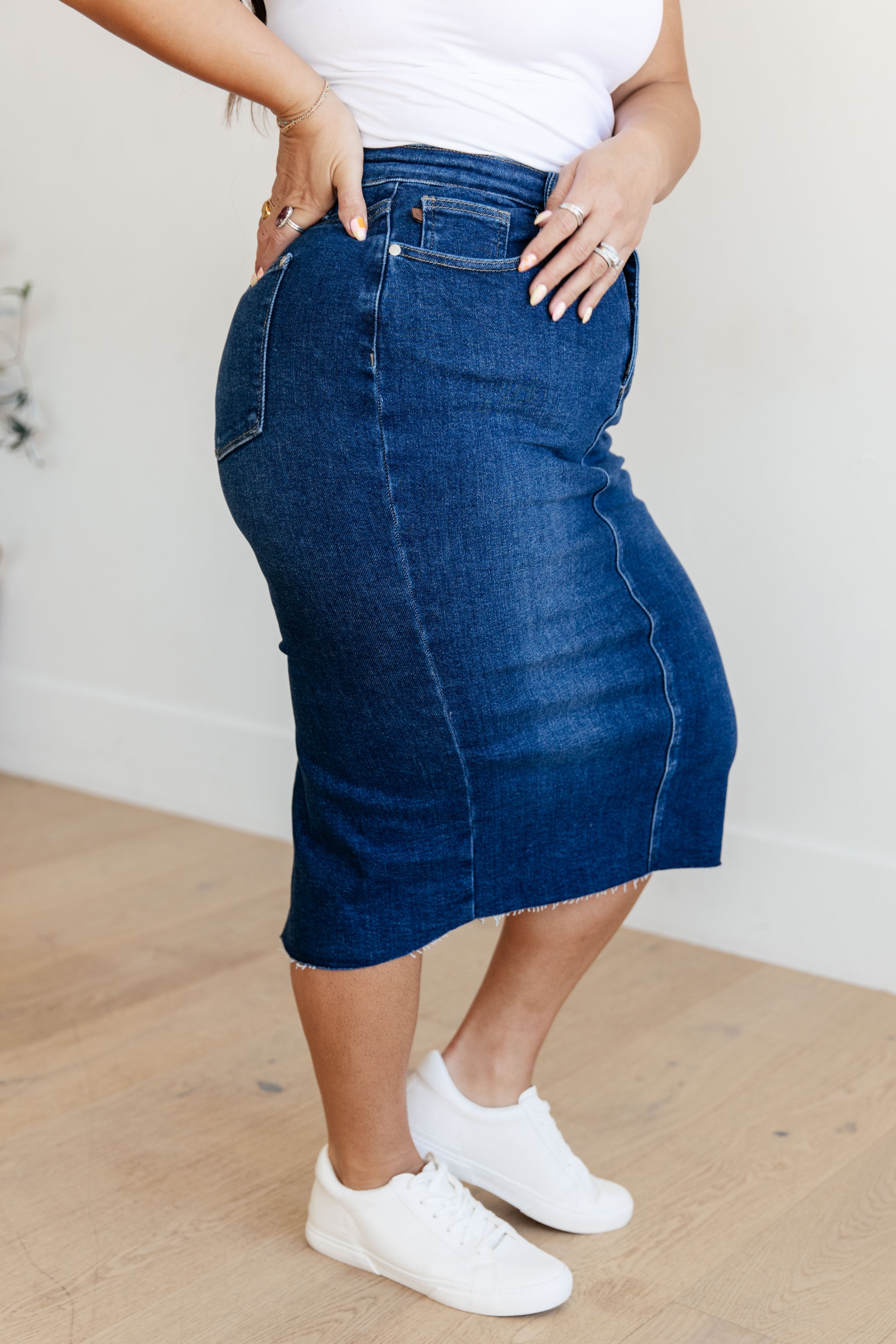 Marcy High Rise Denim Midi Skirt for Women - Stretchy Comfort Fit A-Line Denim Skirt | Perfect for Casual Outfits, Office Wear & Date Nights