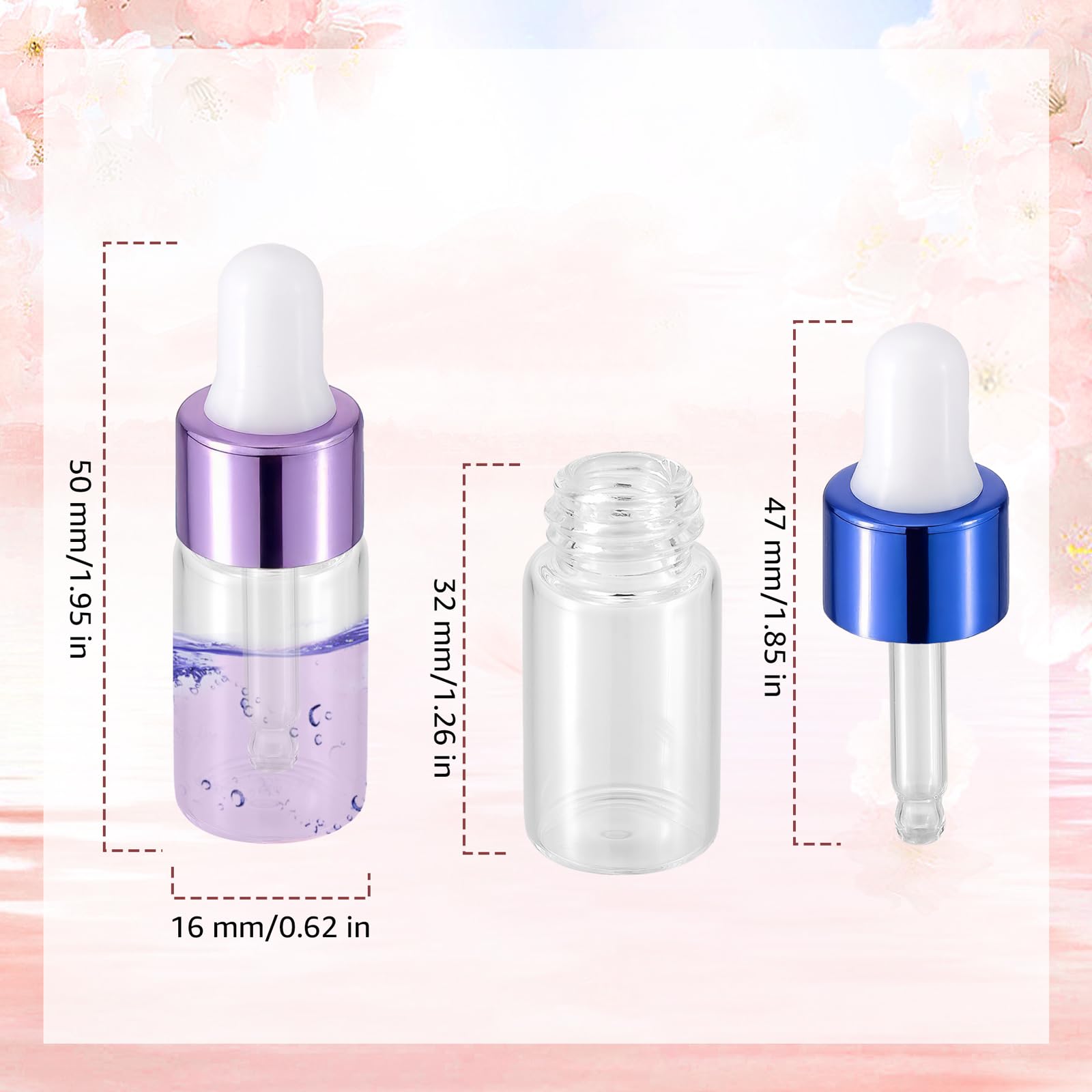 18pcs 3ml Glass Dropper Bottles with Purple Blue Pink Caps - Essential Oil Bottles, Cosmetic Sample Containers with Glass Dropper Lids + Free Funnel - Perfect for DIY Essential Oils, Perfumes, and Liquid Cosmetics