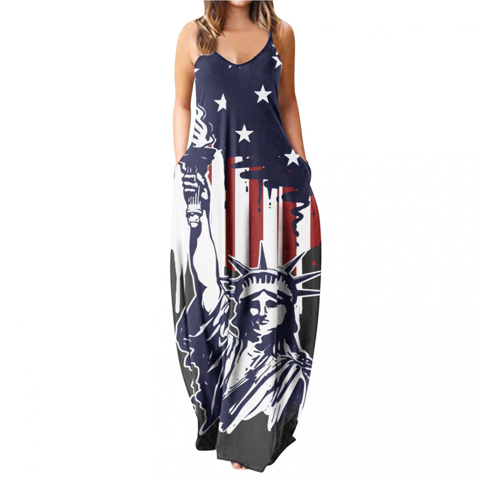 FABIURT Women's Summer Casual Maxi Dress with Pockets - American Flag Cami Sundress for Beach, Vacation & Outdoor Activities