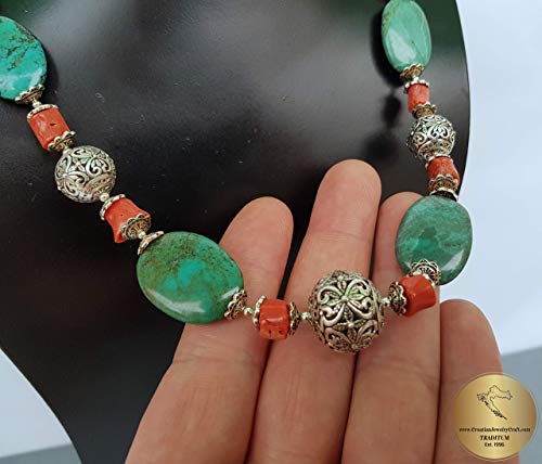 Handmade Turquoise and Coral Necklace - Natural Untreated Mediterranean Coral with Dubrovnik Filigree Silver Pendant | Boho Chic Jewelry for Women | Perfect for Beach Weddings, Summer Vacations & Gift Giving