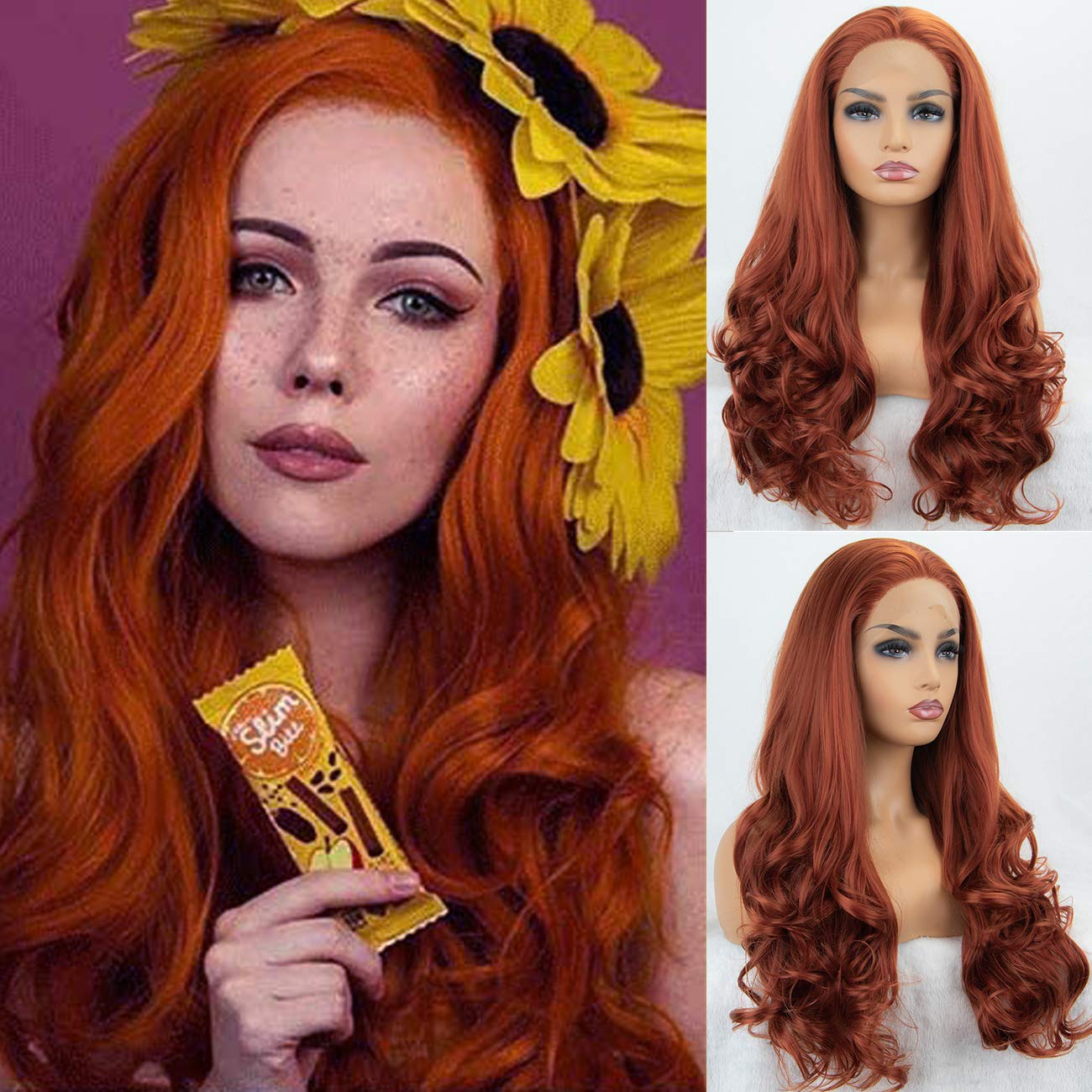 360° Lace Front Wig - Auburn Long Wavy Synthetic Hair for Women | 26 Inch Copper Red K'ryssma Wig | Perfect for Cosplay, Daily Wear & Special Occasions