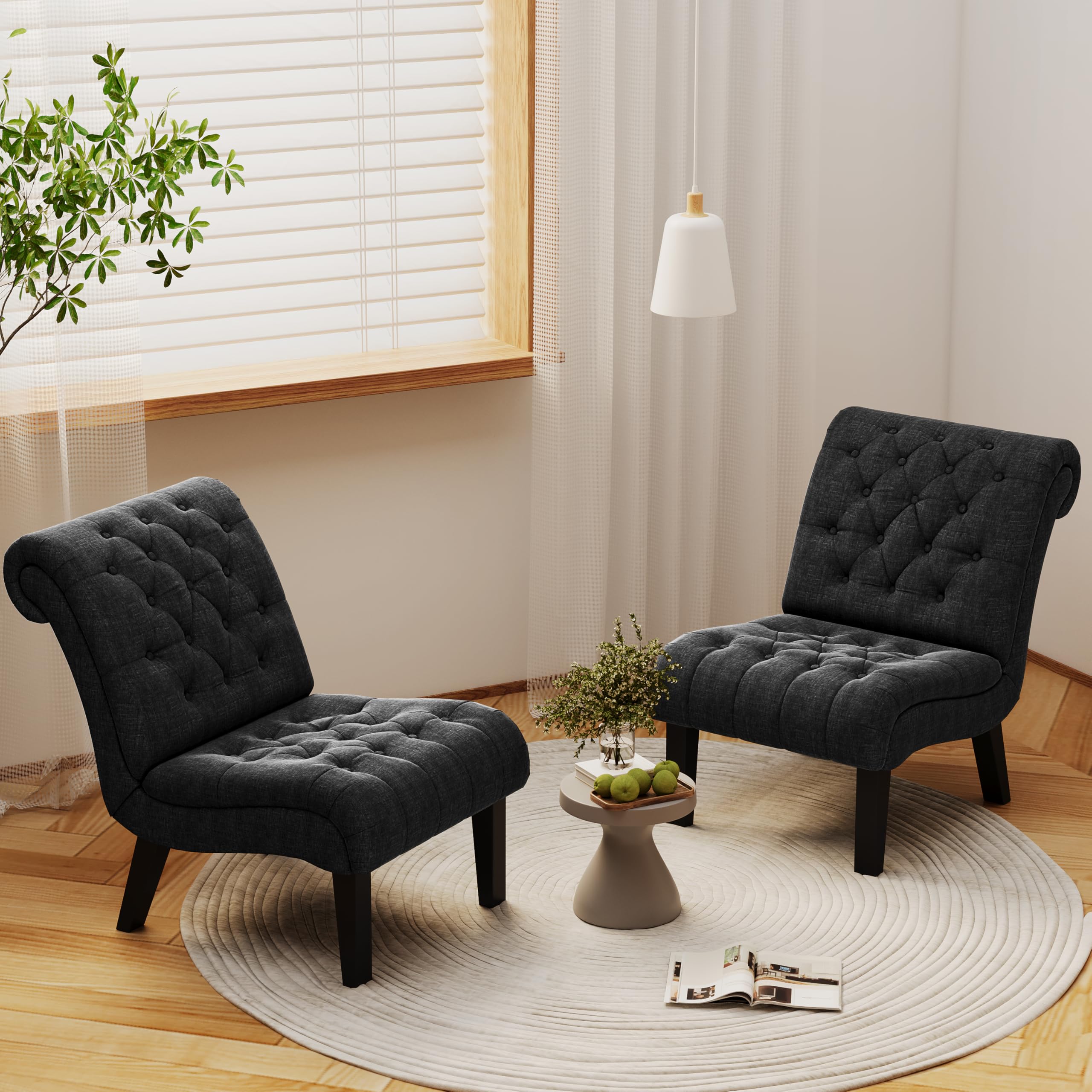 Modern Accent Chair for Living Room & Bedroom - Upholstered Tufted Armless Lounge Chair with Wooden Legs, Grey Fabric Recliner - Perfect for Reading Nook, Home Office, and Small Space Decor