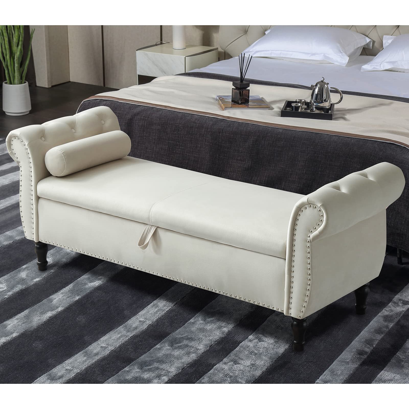 Polibi Velvet Upholstered Storage Bench with Rolled Arms & Button Tufted Design - Multi-Functional Ottoman for Bedroom, Living Room & Window Seat - Beige Home Decor - Perfect for Extra Seating & Hidden Storage