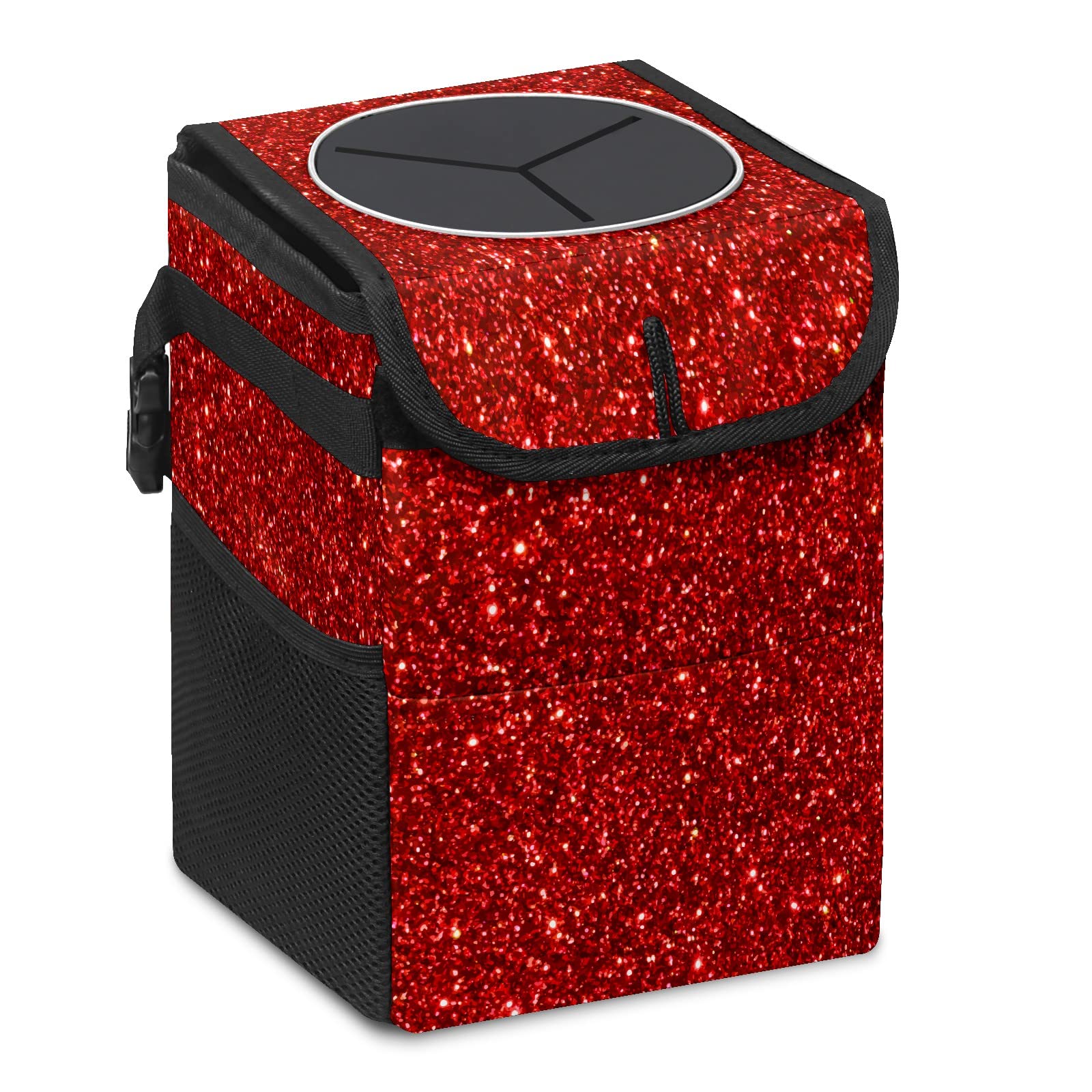 FCZ Red Glitter Sequins Car Trash Can with Lid - Leak-Proof Hanging Auto Garbage Bag for Headrest | Collapsible & Portable Vehicle Trash Bin with Storage Mesh Pocket | Perfect for Road Trips, Commuting & Family Travel
