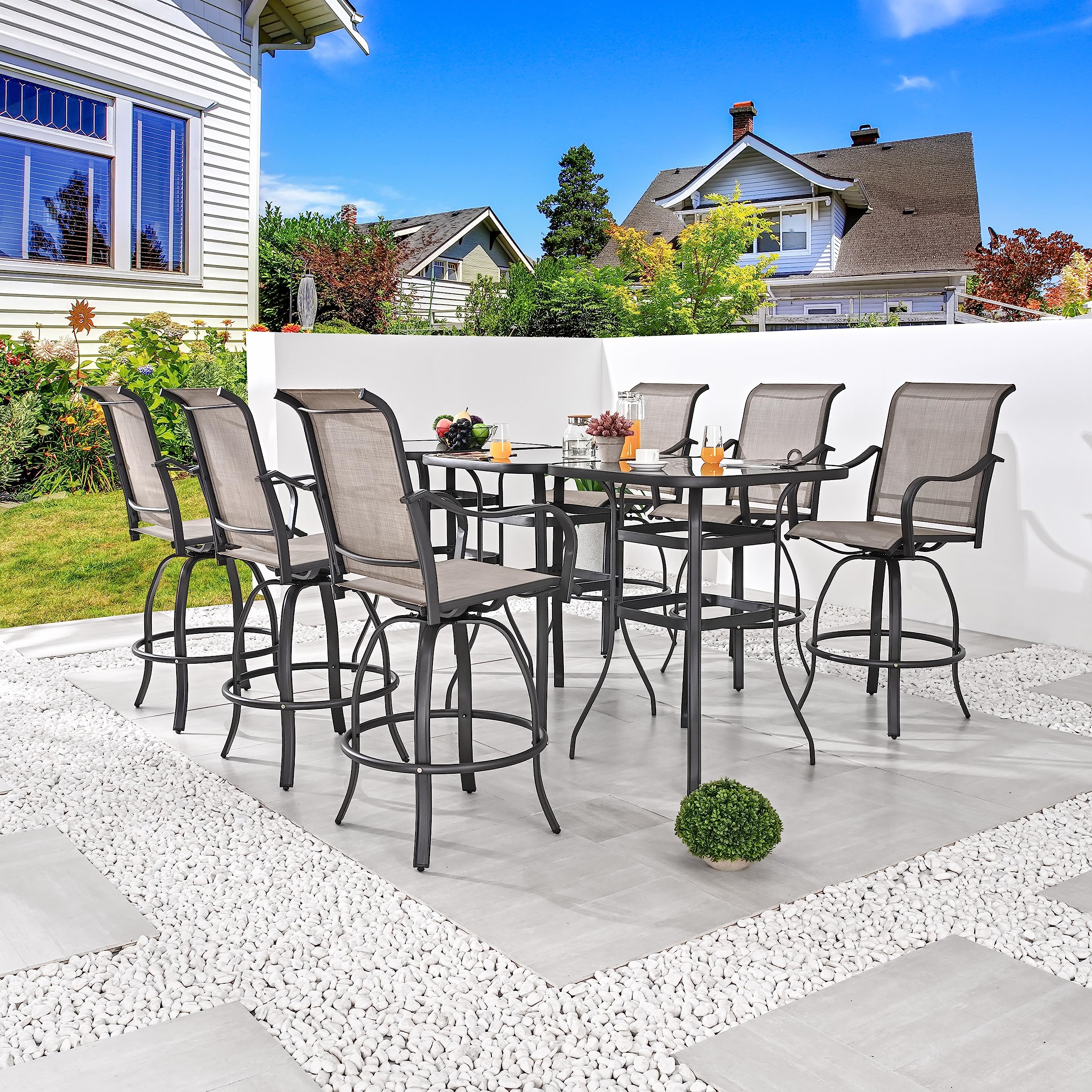 9-Piece Outdoor Patio Swivel Bar Stool Set with 3 Glass Top Tables - All-Weather Bistro Height Dining Chairs for Backyard, Garden, Poolside & Restaurant Use (Grey)