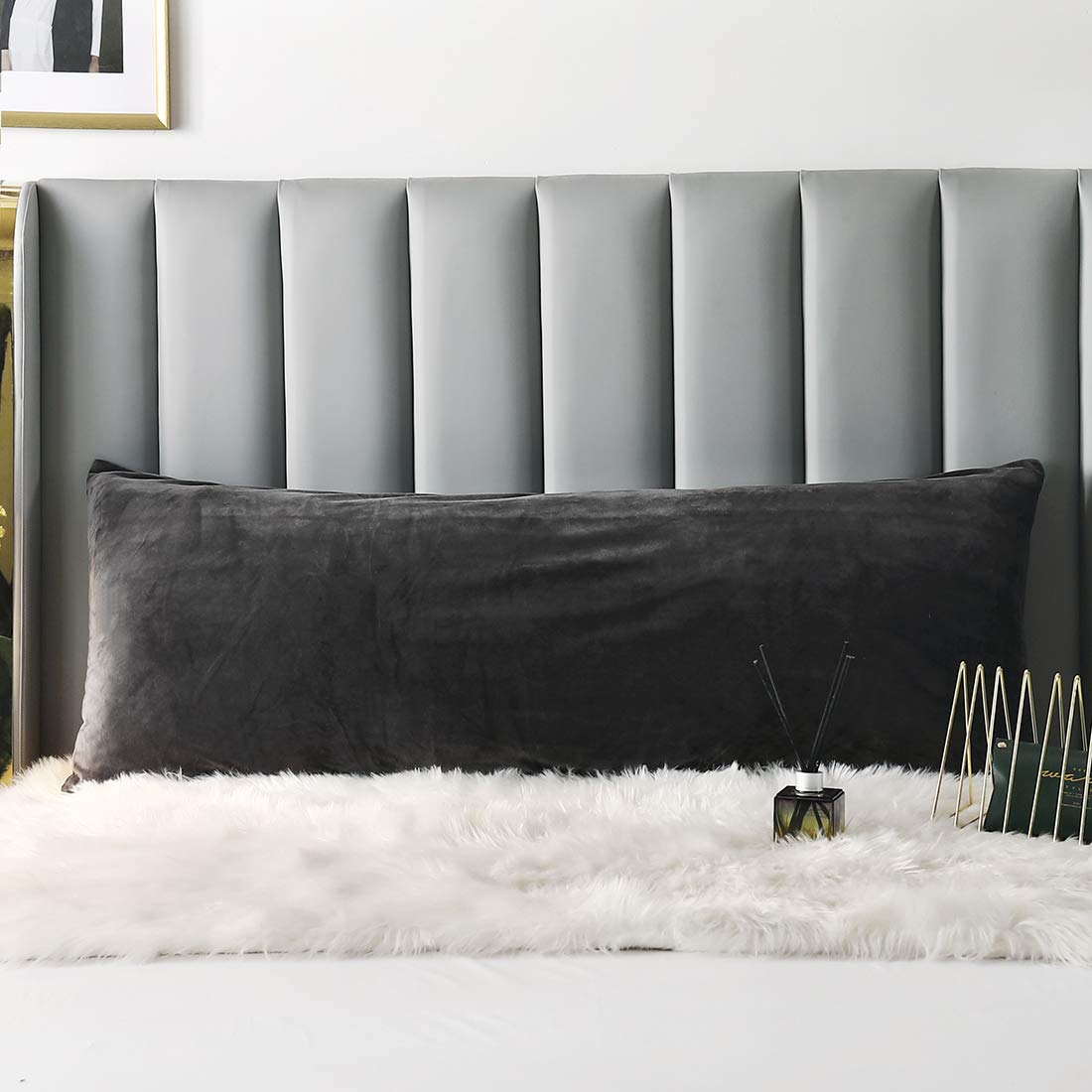Velvet Body Pillow Cover with Hidden Zipper - Soft Flannel Pillowcase for Adults (Charcoal Grey, 20x48 Inches) - Perfect for Bedroom, Sofa, Travel & Home Decor