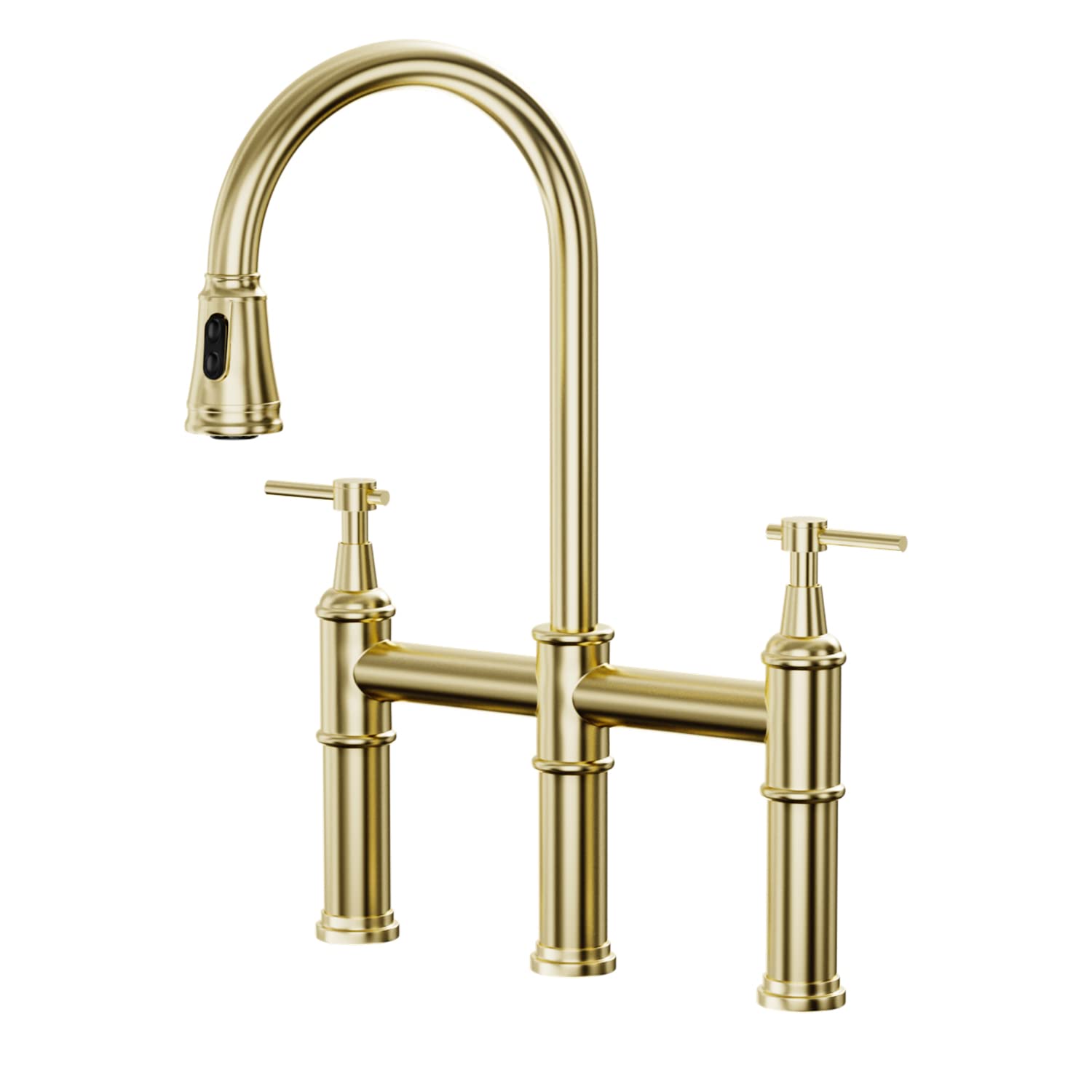 Modern 3-Hole Bridge Kitchen Faucet with Pull Down Sprayer - Brushed Gold Stainless Steel, 2-Handle Swivel Spout for Easy Cleaning - Perfect for Farmhouse, RV & Apartment Kitchens