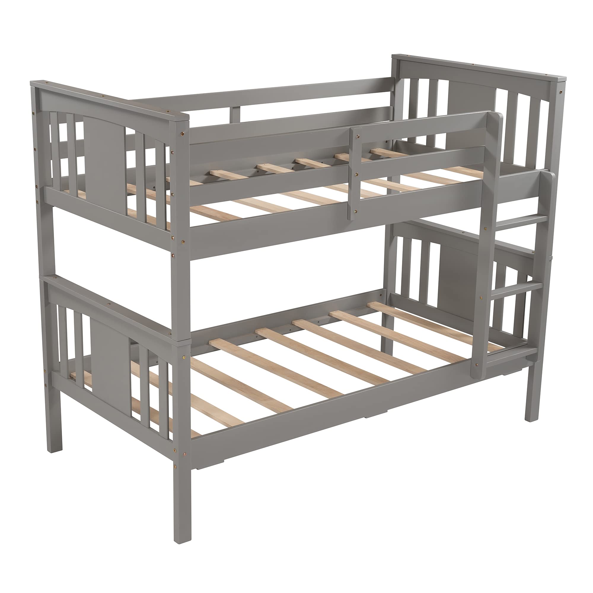 Solid Wood Twin Over Twin Bunk Bed for Kids & Teens - Convertible to 2 Separate Twin Beds with Ladder & Safety Rail - Sturdy Gray Bedroom Furniture for Small Spaces, Guest Rooms & Kids' Shared Bedrooms