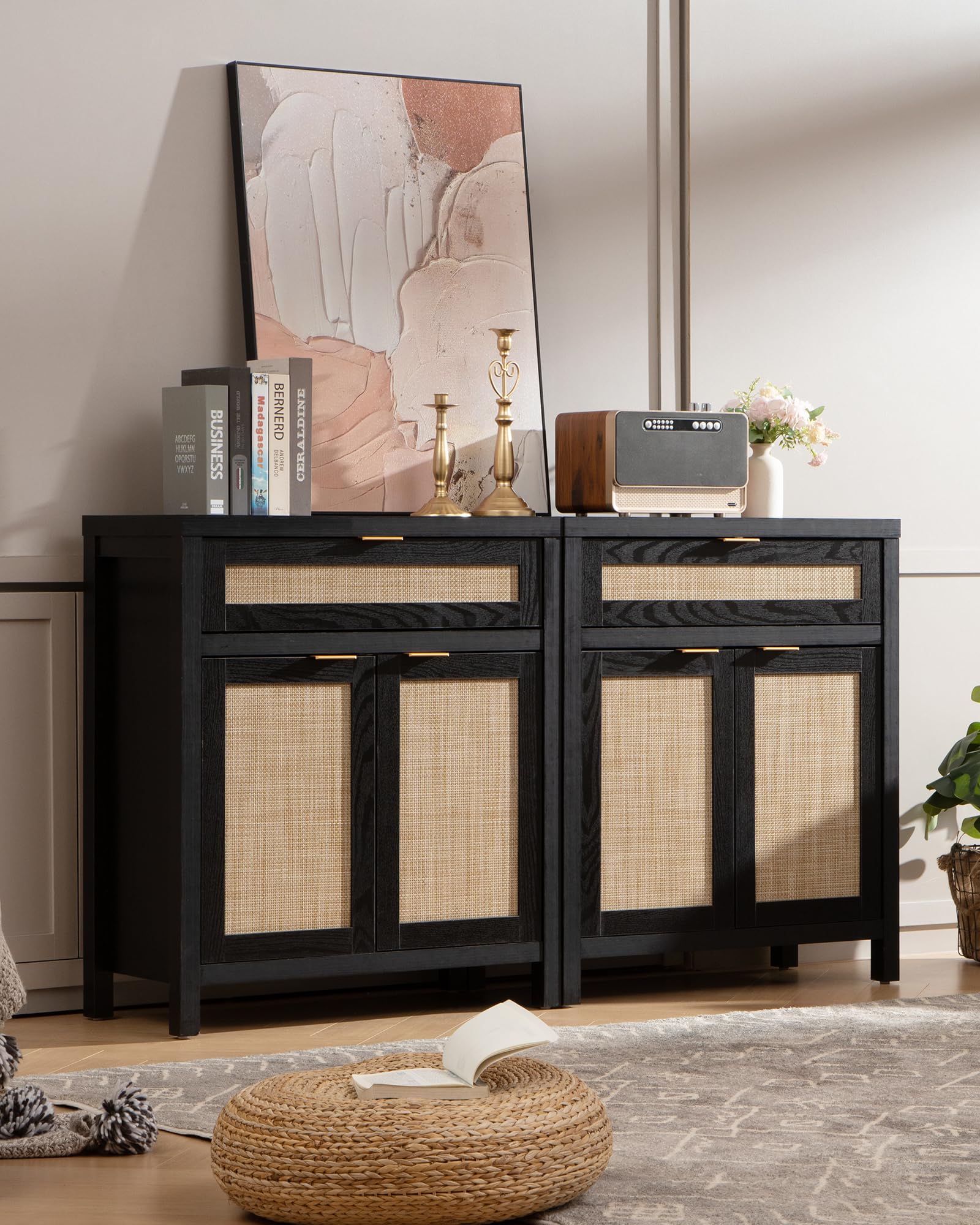 SICOTAS Modern Rattan Sideboard Buffet Cabinet with Doors & Drawer - Entryway Storage, Living Room Console Table, Coffee Bar Organizer - Black Accent Furniture for Home Decor