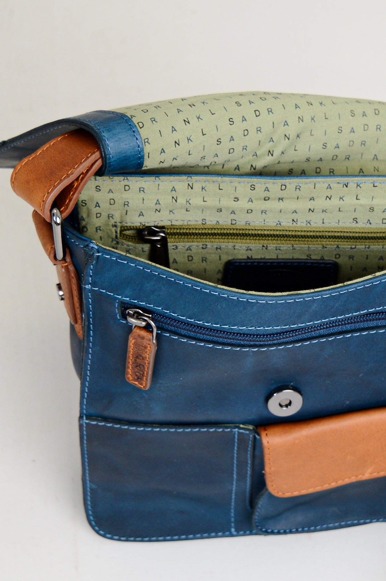Premium Buffalo Leather Adrian Klis 1728 Bag in Blue & Tan - Stylish Durable Handbag for Women, Work, Travel & Everyday Use