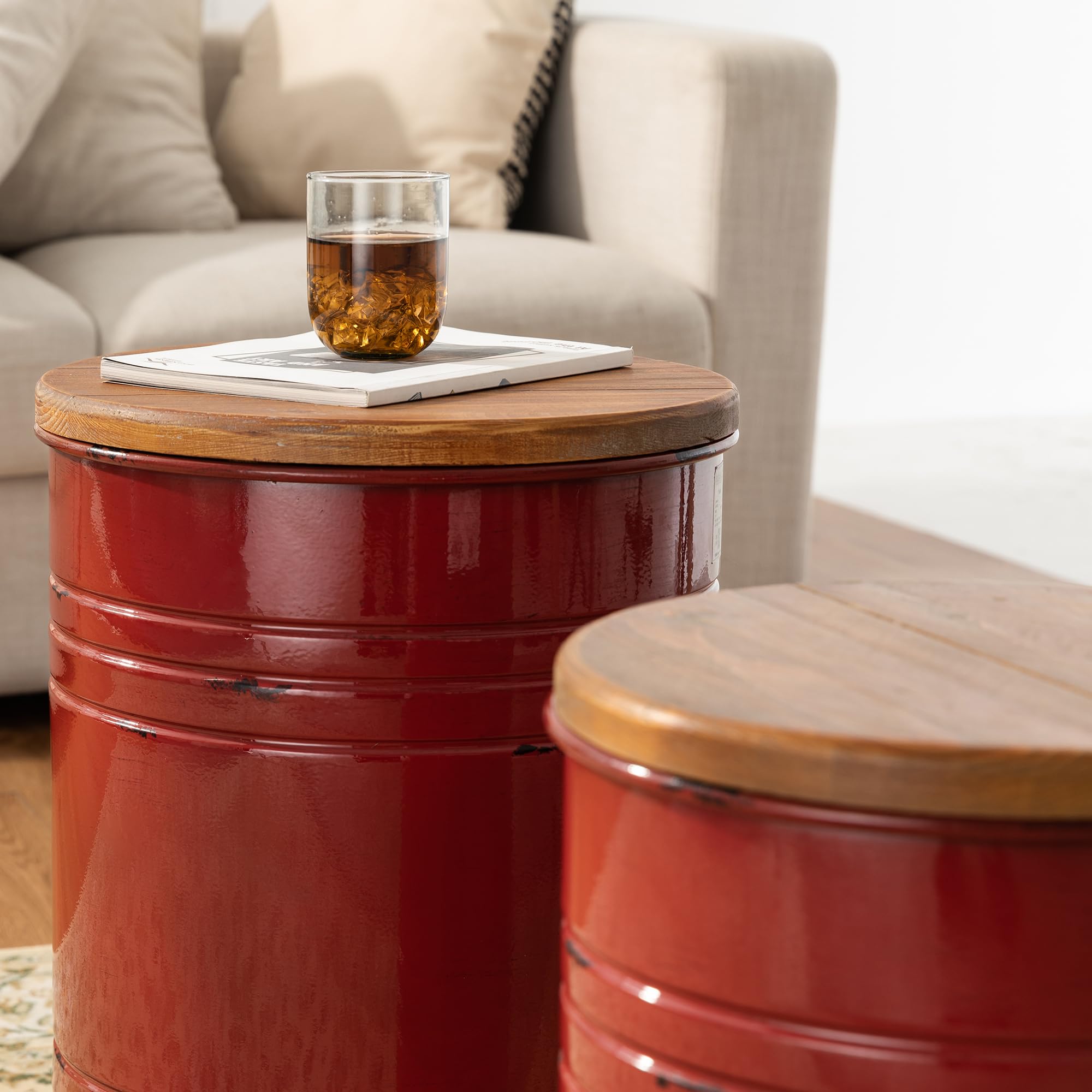 Glitzhome 2-Piece Farmhouse Nesting Tables with Storage Lids - Rustic Metal Barrel Side Tables for Living Room, Bedroom, Office - Red | Perfect for Small Space Decor & Extra Storage