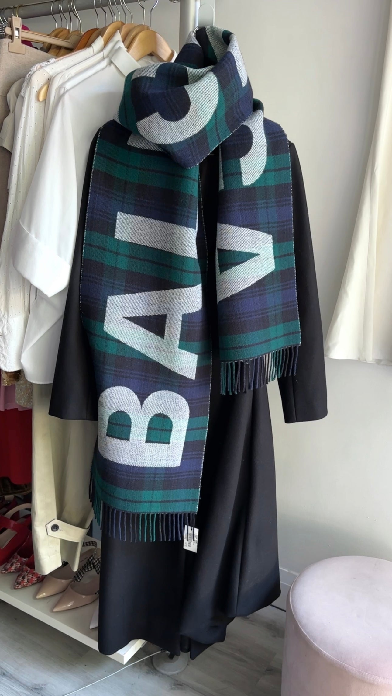 Balenciaga Green Check Wool Oversized Logo Scarf - Luxury Winter Fashion Accessory for Women & Men - Perfect for Cold Weather, Travel & Street Style