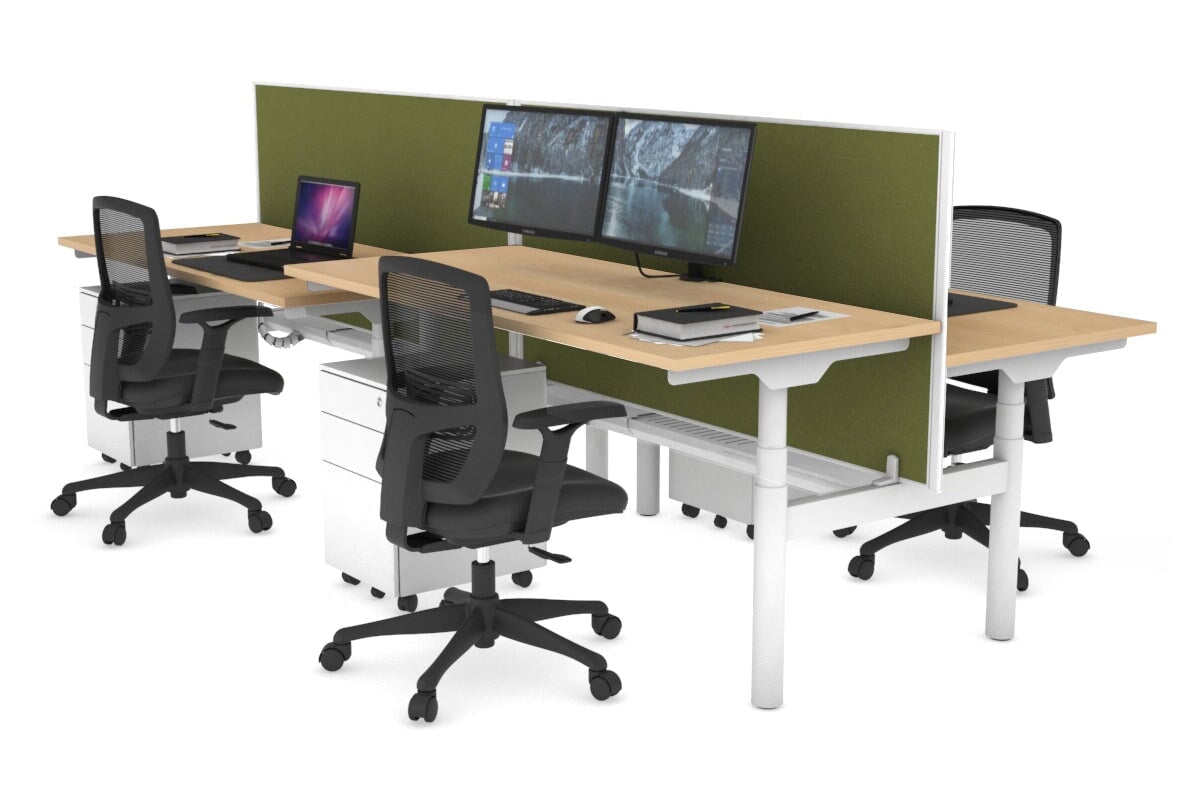 Flexi Premium Height Adjustable 4-Person H Bench Workstation - White Frame [1400L x 700W] - Ergonomic Office Desk for Collaborative Workspaces & Coworking Environments