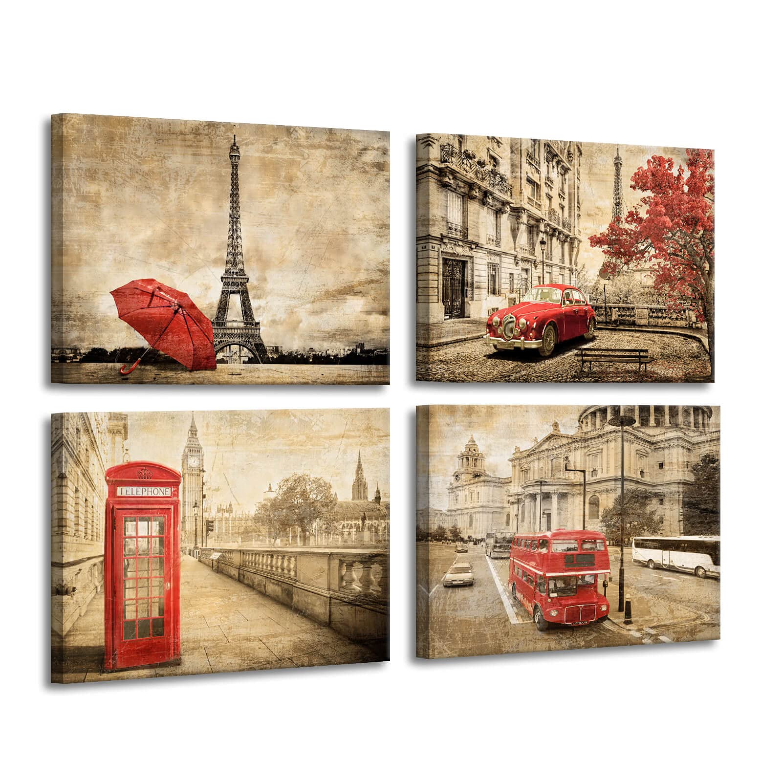 Vintage Paris Wall Art Set - 4pcs 12x16 Inch Framed Prints with Eiffel Tower, Red Umbrella & Telephone Booth Decor for Bedroom, Office & Kitchen | Parisian Themed Room Decor for Home & Gift