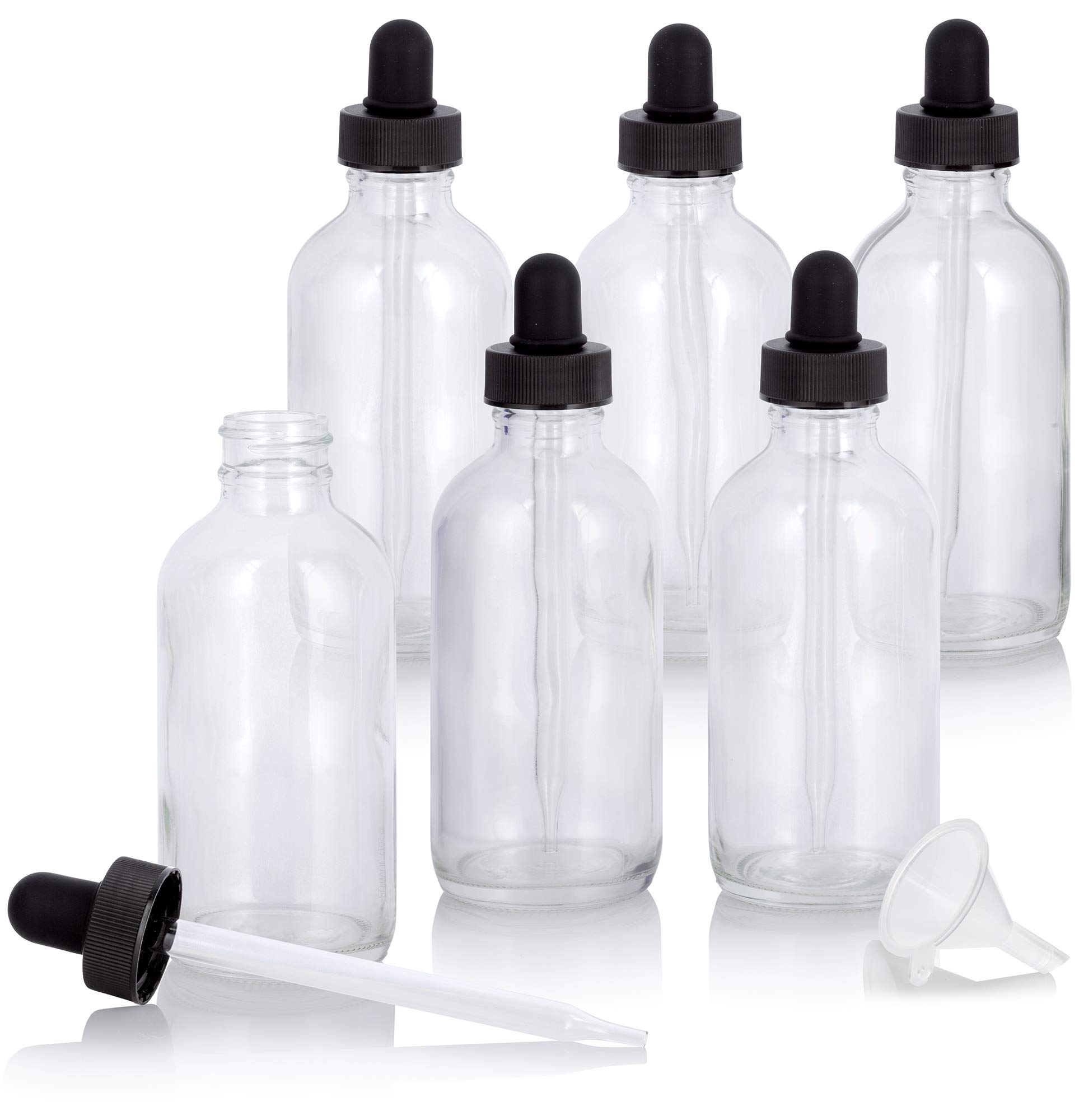 JUVITUS 4 oz Clear Flint Glass Boston Round Bottles with Black Dropper Caps (6 Pack) - Essential Oil, CBD, Tincture Storage - Includes Bonus Funnel for Easy Filling & DIY Projects