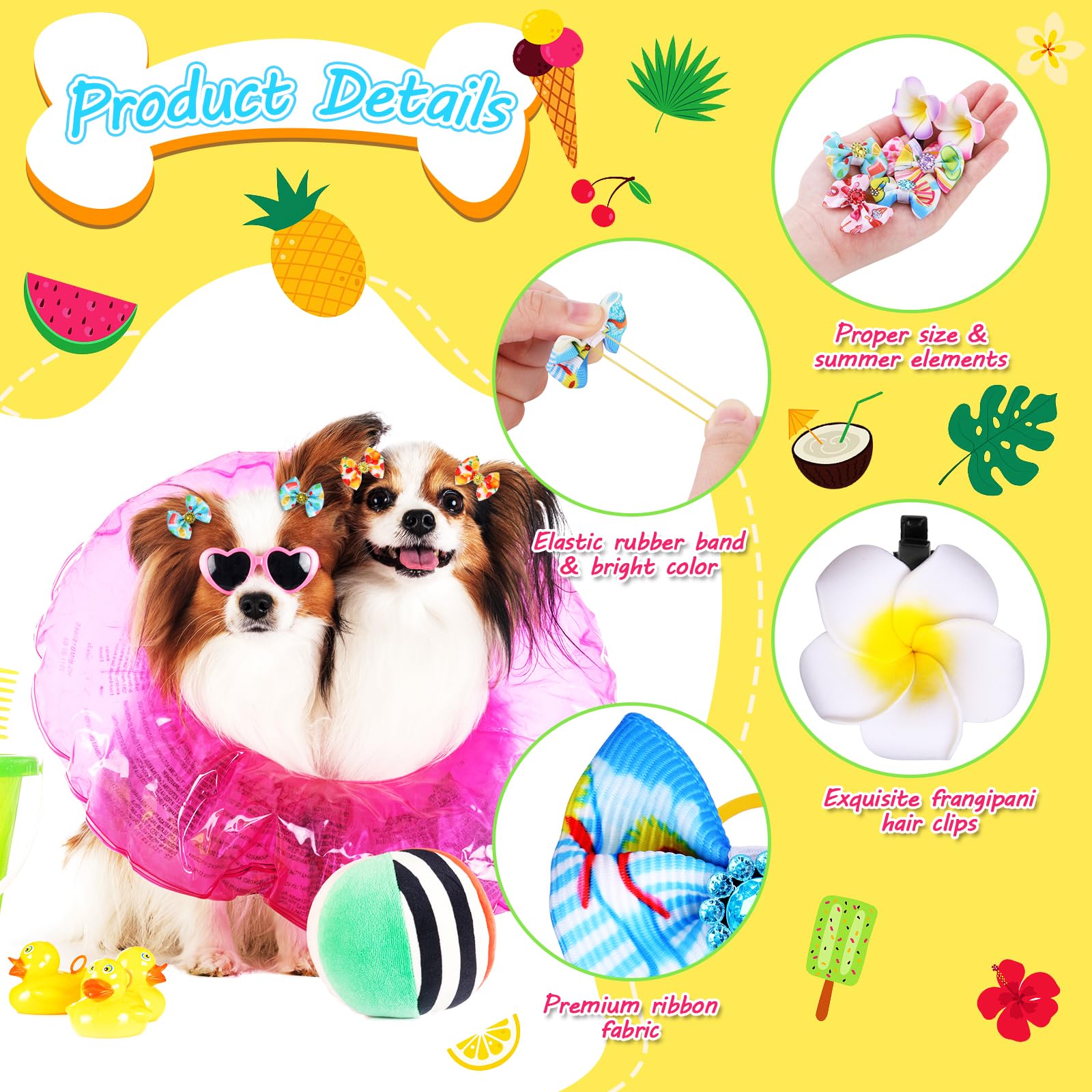 100Pcs Spring Summer Dog Bows & Hair Clips with Rubber Bands - Floral Puppy Hair Barrettes for Small Medium Large Dogs - Perfect for Grooming, Pet Parties & Daily Styling Accessories