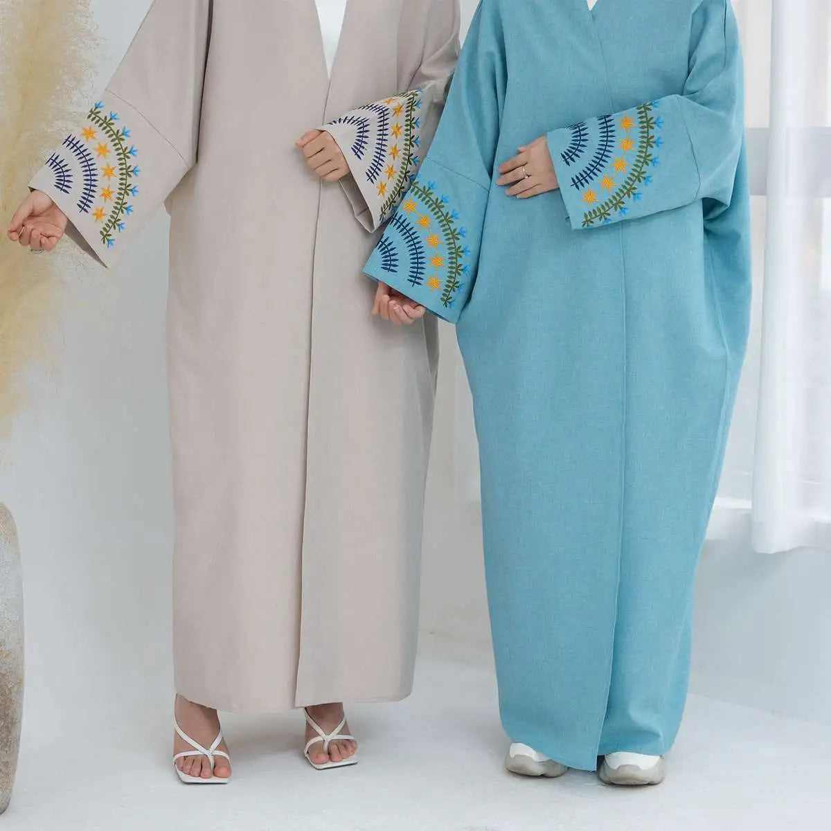 Elegant Colorful Embroidery Cuff Cardigan Open Abaya Dress for Women - Boho Chic Cover Up for Mosque, Prayer, and Special Occasions