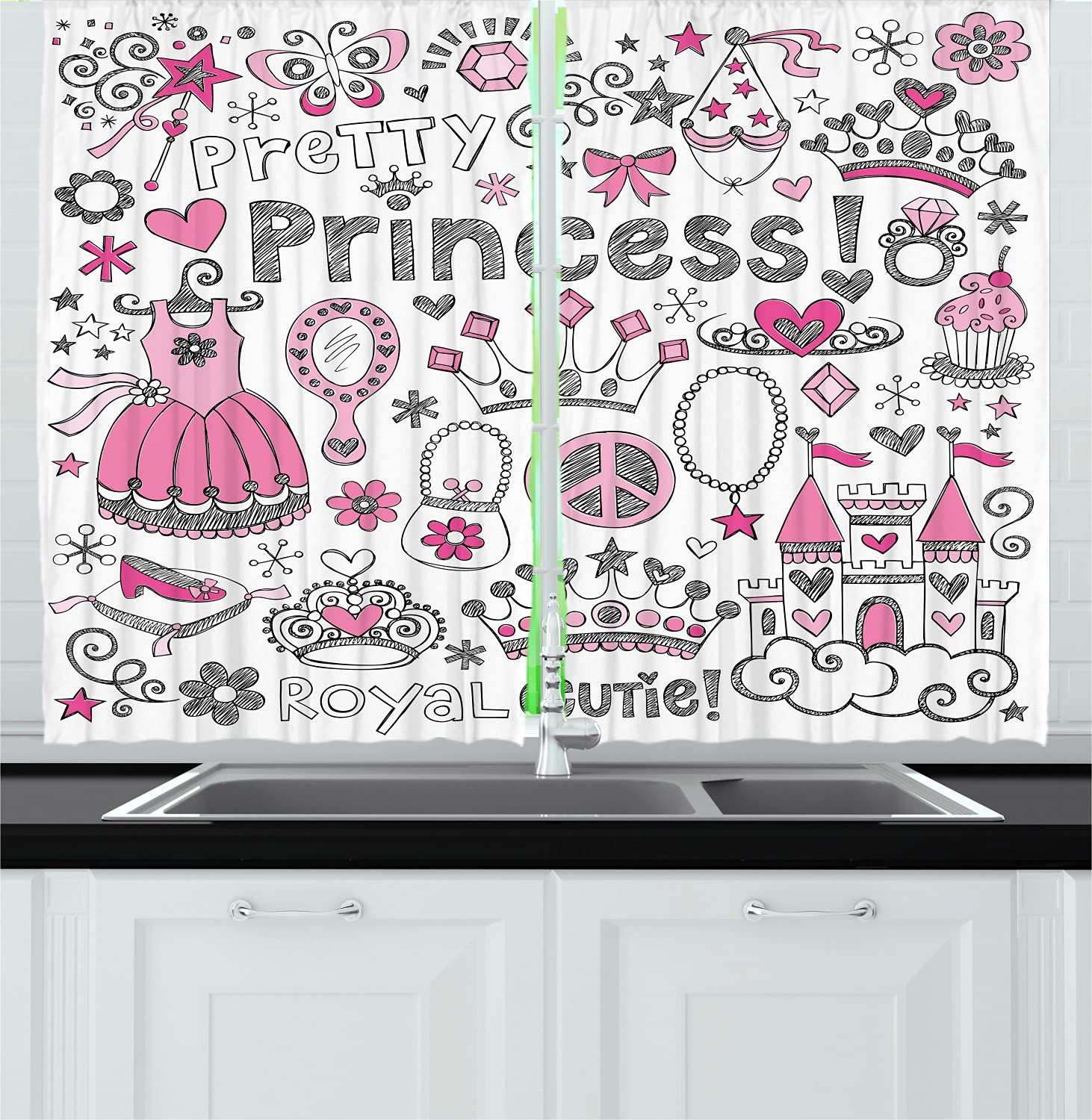 Vintage Cartoon Kitchen Curtains Set of 2 Panels - Ambesonne Fantasy Themed Blush Pink Grey White Sketchy Design Window Drapes for Cafe & Home Decor, 55