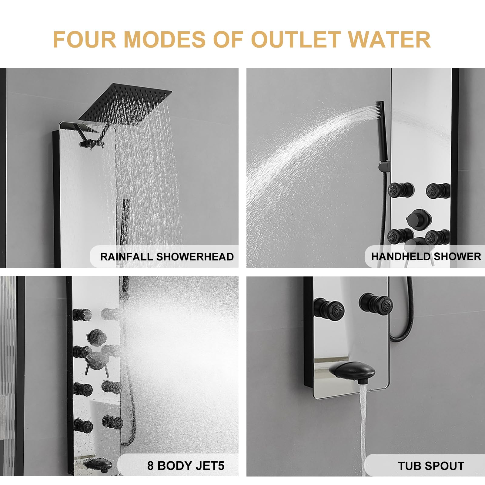 Premium Stainless Steel Black Glass Shower Panel Tower System - 8 Body Massage Jets, Rainfall Shower Head & Tub Spout - Luxury Bathroom Upgrade for Spa-Like Experience