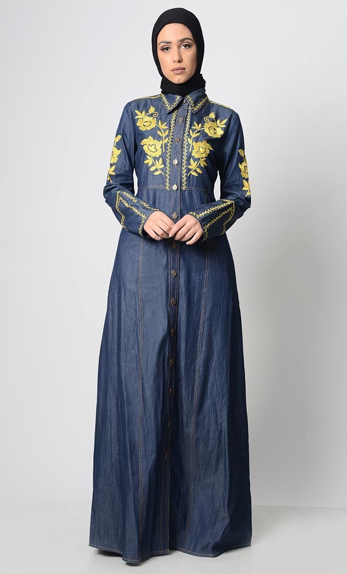 Elegant Contrast Embroidered Denim Abaya Dress for Women - Modest Islamic Fashion for Daily Wear & Special Occasions