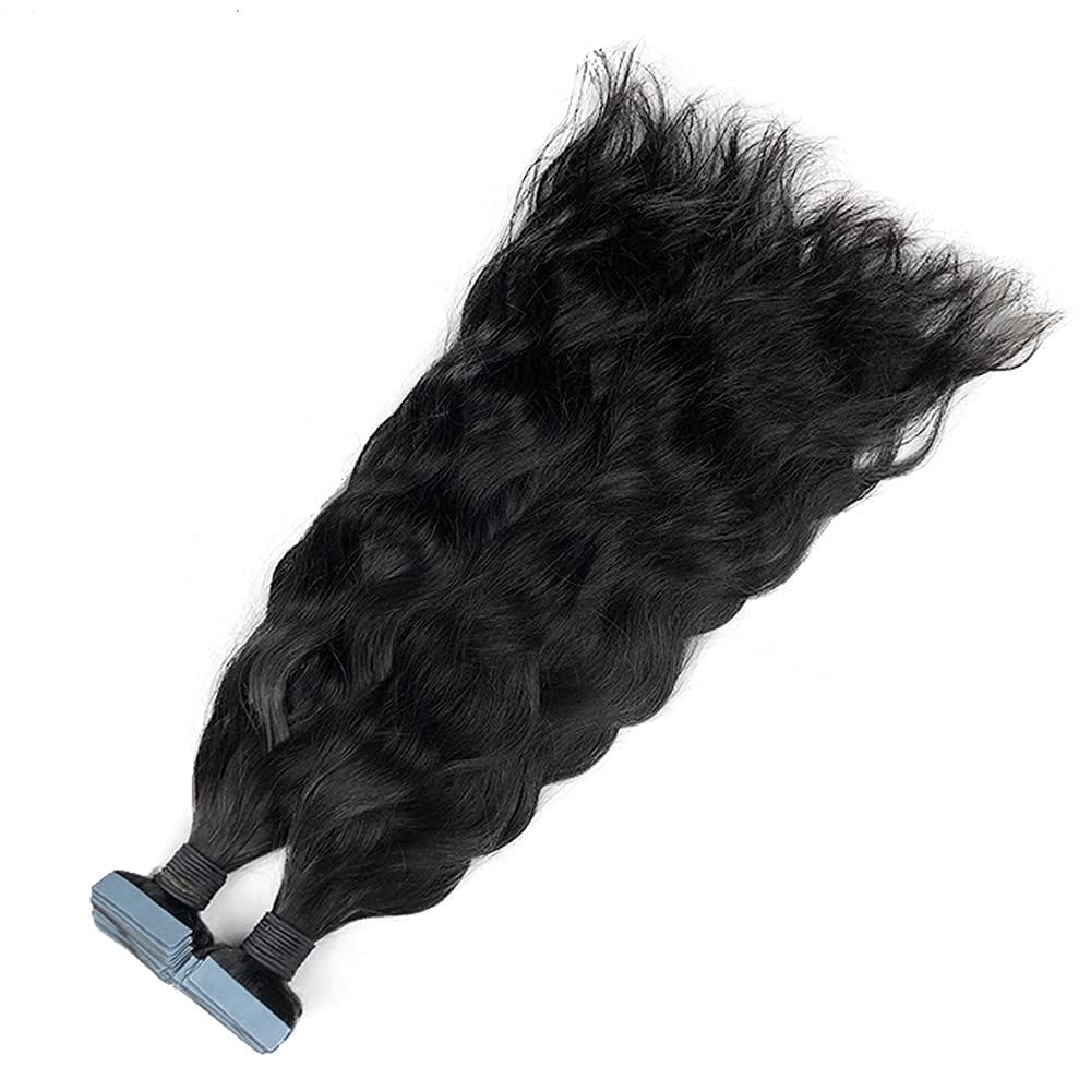 30 Inch Long Natural Wavy Tape-in Human Hair Extensions - 100% Brazilian Remy Hair with Skin Weft - 40pcs (100g) - Natural Black - Perfect for Volume, Length & Styling - Great for Parties, Weddings & Daily Wear