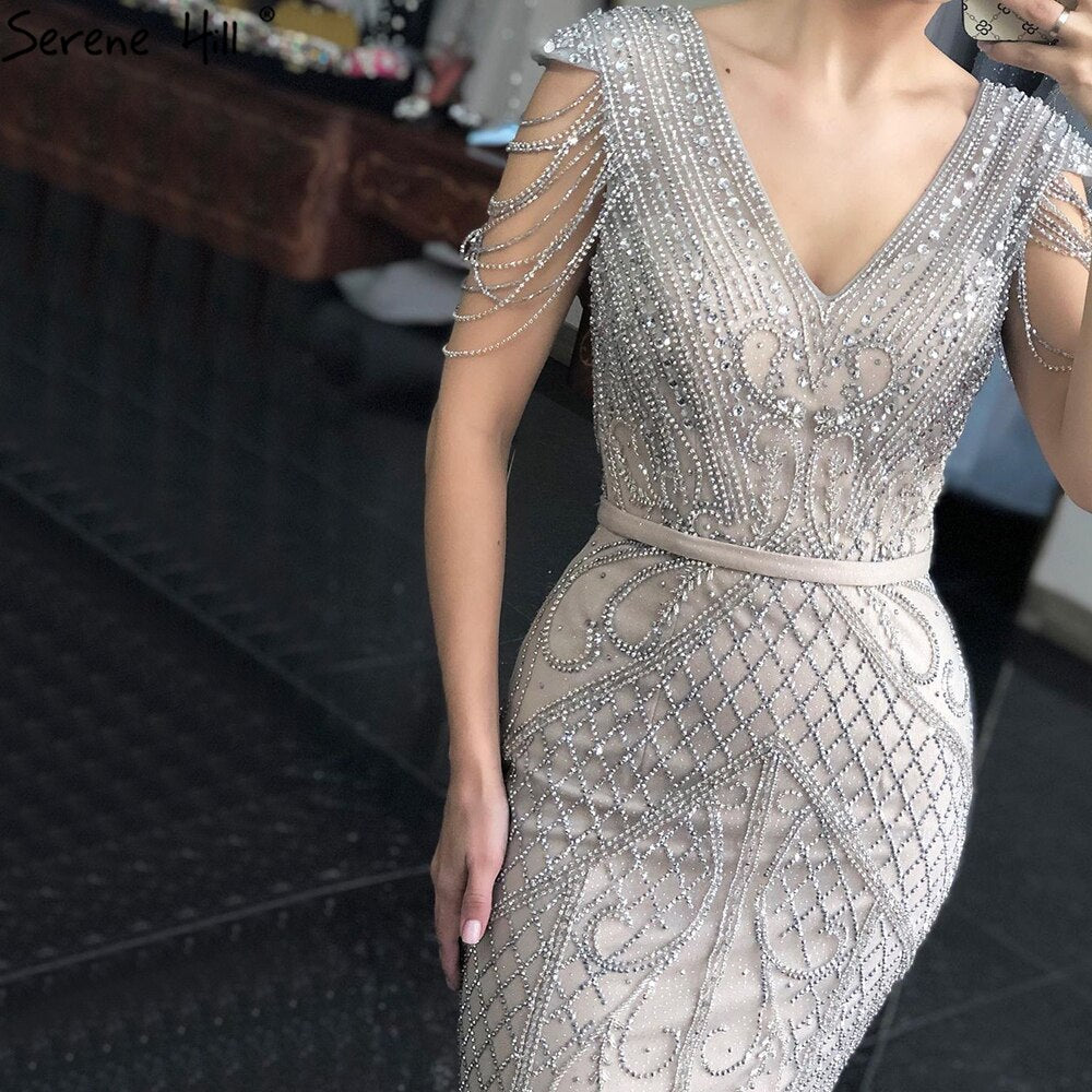 Elegant Grey Nude Mermaid Evening Gown with Beading & Backless Design - Luxury Women's Party Dress for Prom, Gala & Special Occasions - Serene Hill Collection LA70799