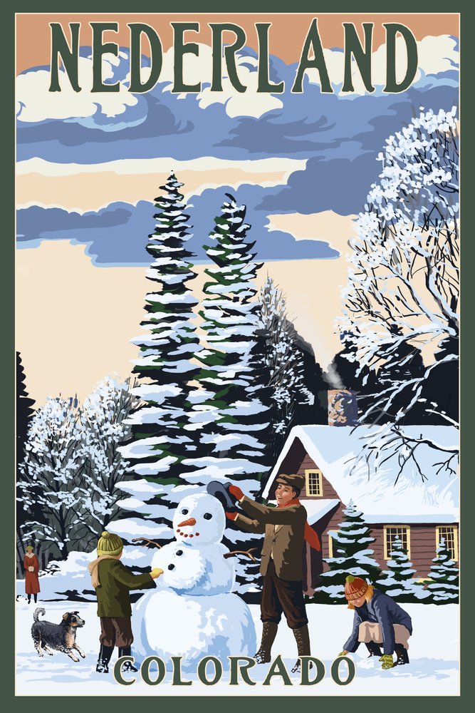 Lantern Press Nederland Colorado Snowman Scene - 12x18 Wall Art Poster for Home Decor, Living Room, Bedroom & Office - Perfect for Holiday & Winter Season Decorations