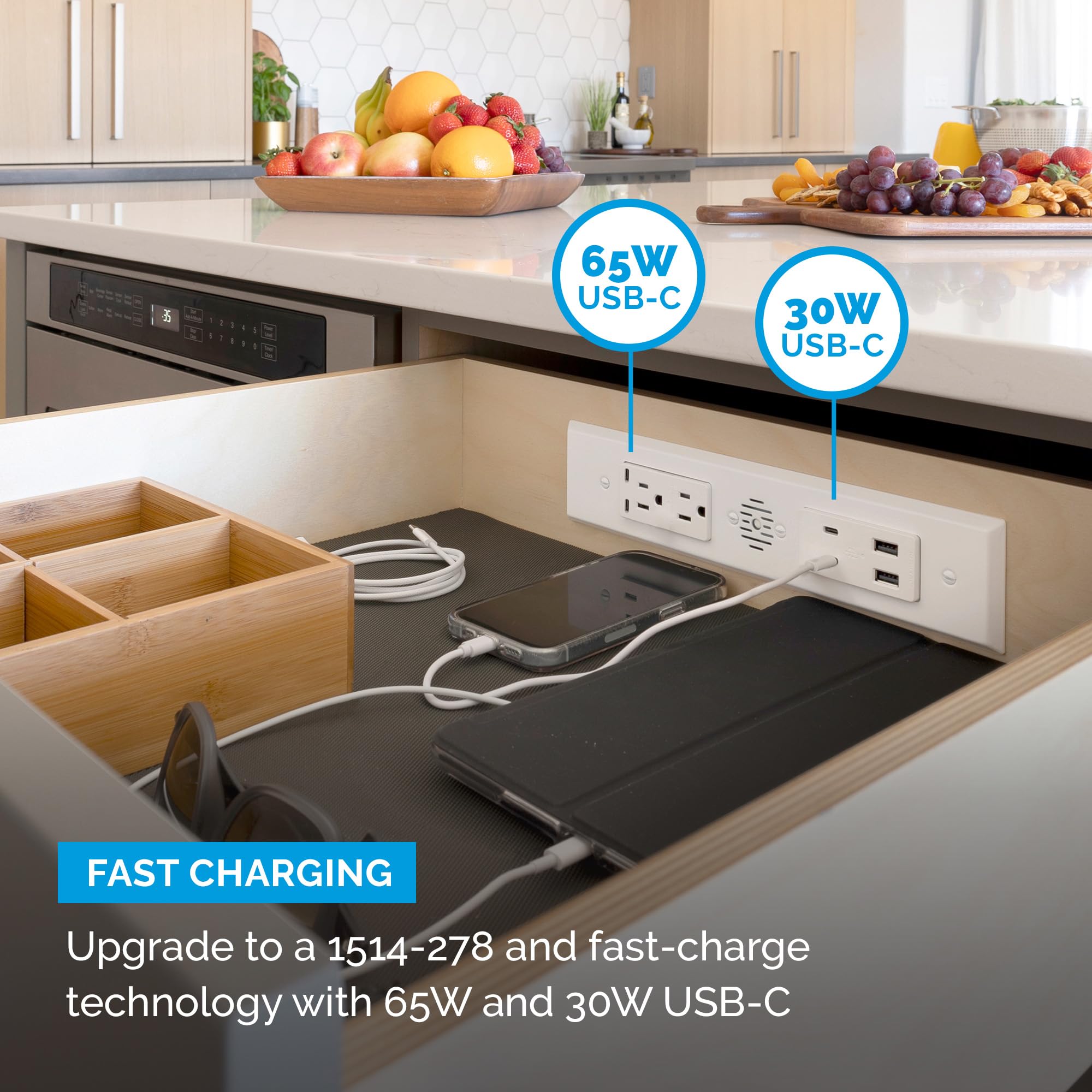 Docking Drawer Blade Duo In-Drawer Outlet with 6 USB-A Ports & 2 15A AC Outlets - Built-in Safety Shutoff, Stainless Steel - Perfect for Kitchen, Office & Workshop Organization