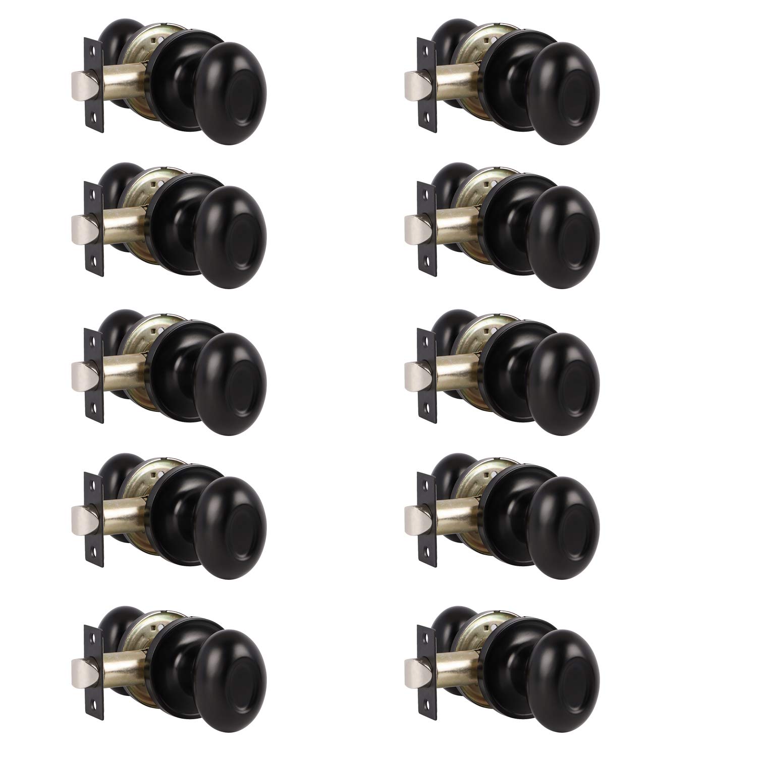 10 Pack Black Egg Style Oval Shaped Passage Door Knobs - Keyless Non-Locking Door Handle Set for Hallways, Closets & Laundry Rooms - Smooth Operation for Interior Doors & Cabinets