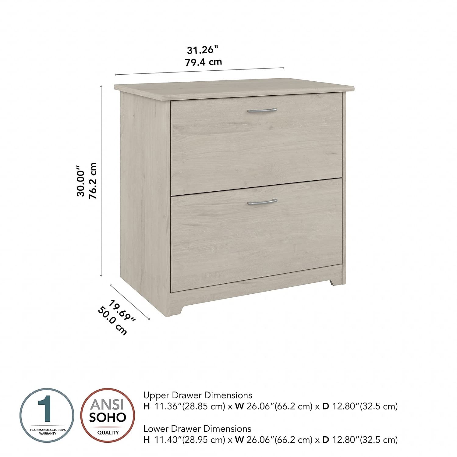 Bush Furniture Cabot 2 Drawer Lateral File Cabinet - Linen White Oak Finish, Home Office Storage for Letter, Legal & A4 Documents | Perfect for Office Organization & Paper Filing Systems