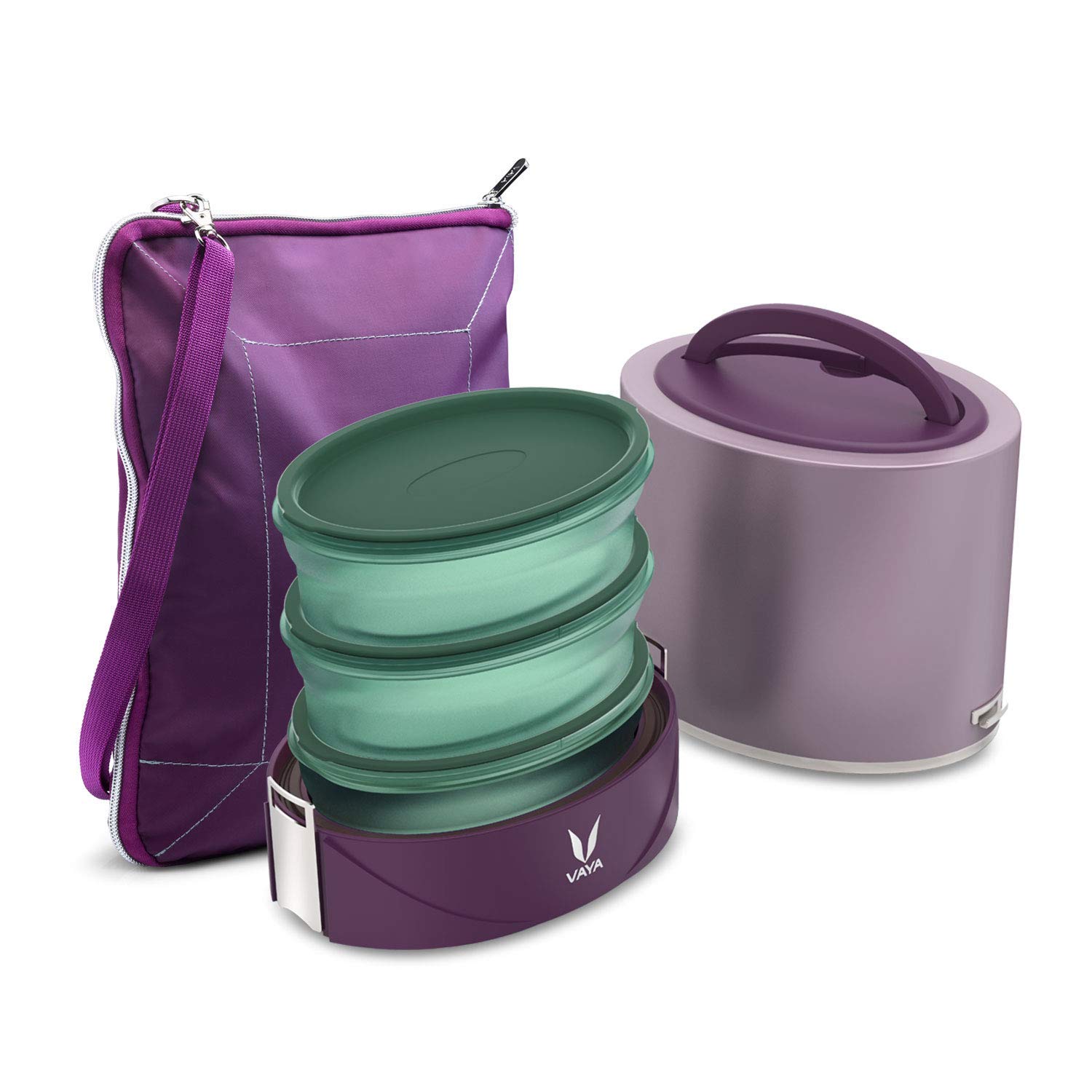Vaya Tyffyn Flex 1000ml Stainless Steel Insulated Lunch Box - BPA-Free Microwave Safe Containers with Shoulder Bag, Table Mat & Cutlery Pouch | 3-Tier Office Tiffin for Men & Women | Purple | Perfect for Work, School, Picnics & Travel