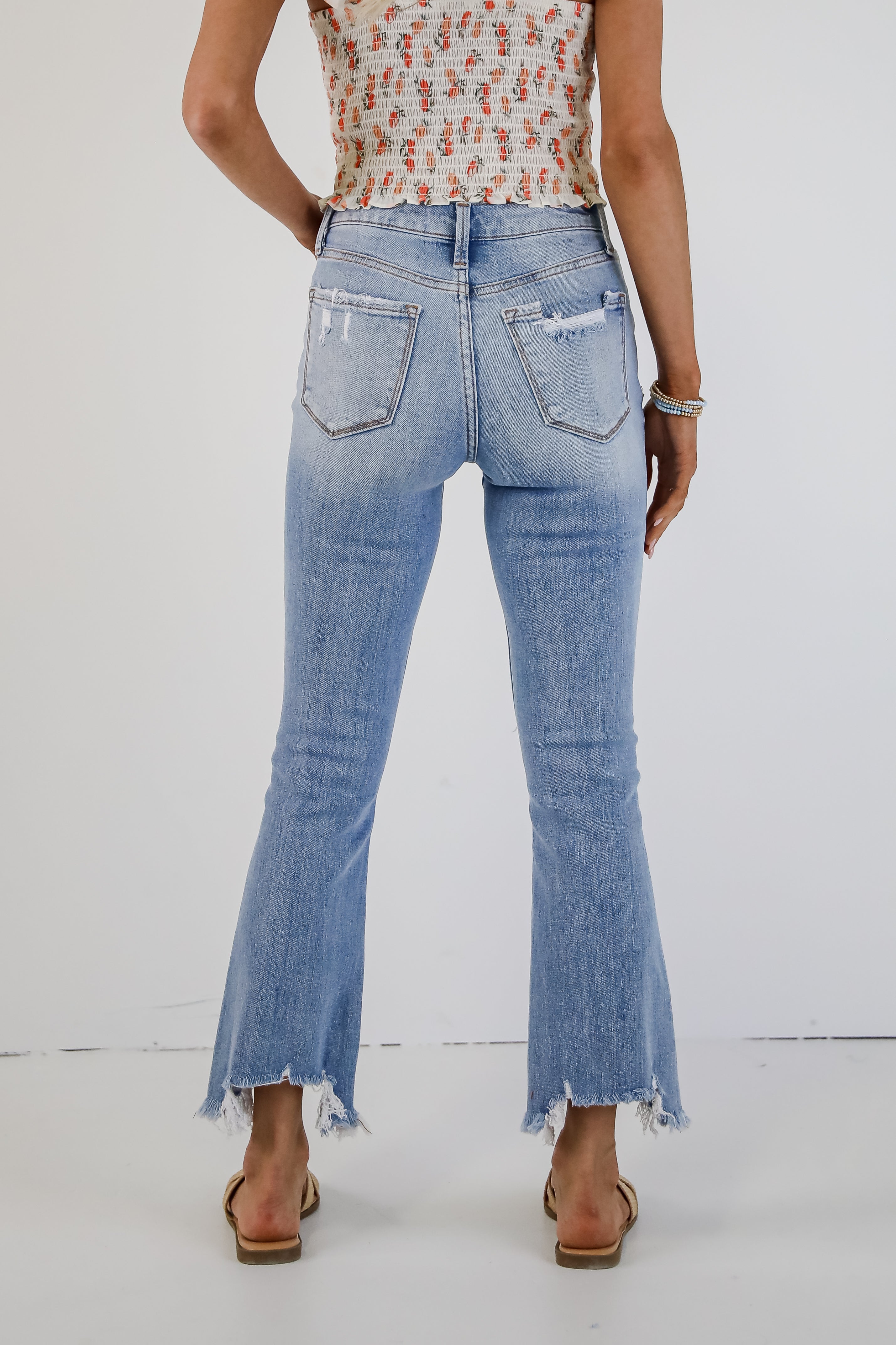 Cindy Light Wash Distressed Crop Flare Jeans for Women - Vintage High Waisted Stretch Denim Pants - Perfect for Casual Outfits, Streetwear & Retro Fashion