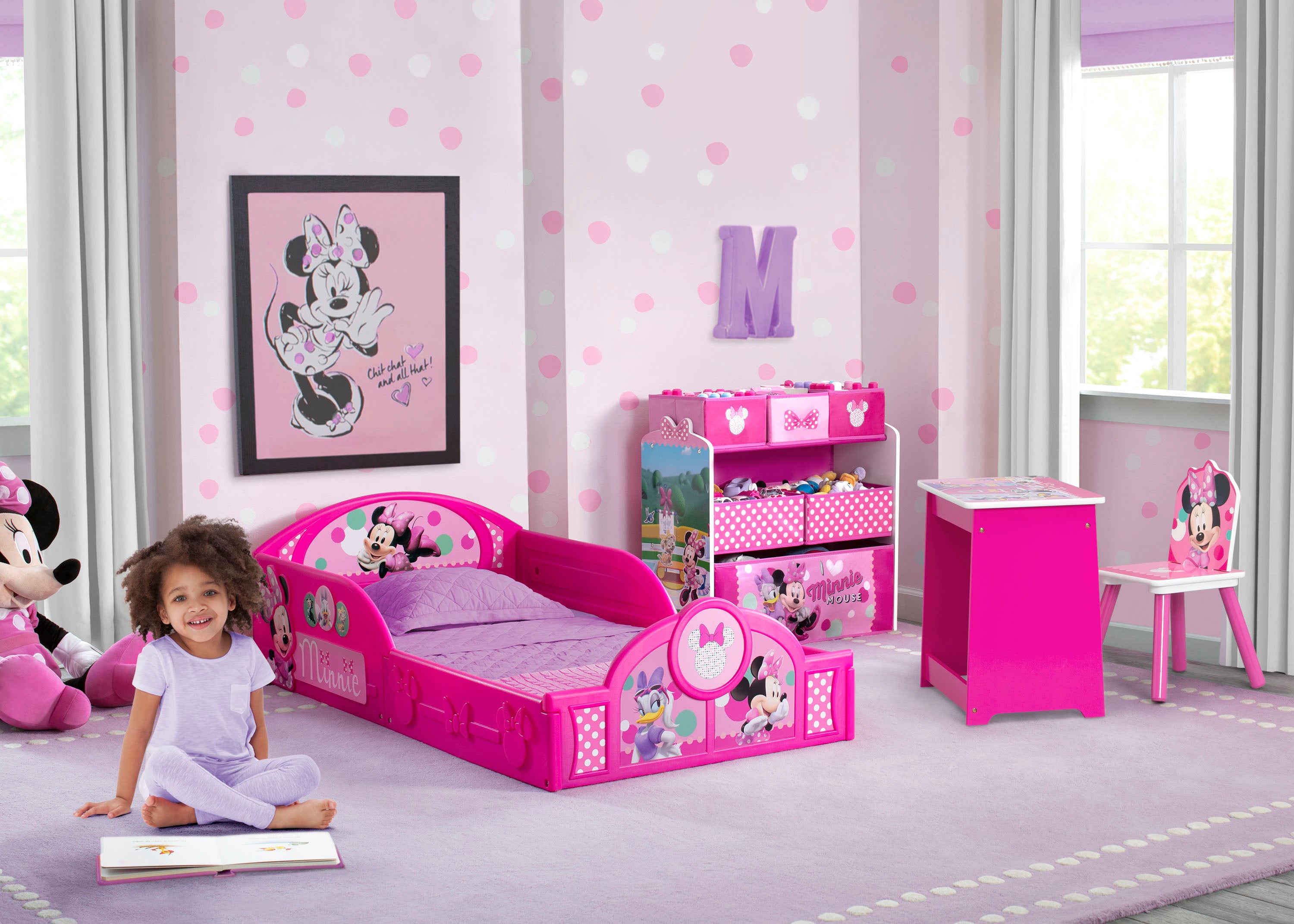 Minnie Mouse 4-Piece Toddler Bedroom Set with Bed, Toy Storage Bin & Study Desk Chair - Perfect for Disney Themed Kids Room Decor & Preschool Learning Space