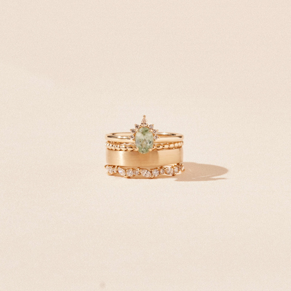 14K Yellow Gold Green Oval Sapphire & White Diamond Ring - Unique Handcrafted Jewelry for Weddings, Anniversaries & Special Occasions