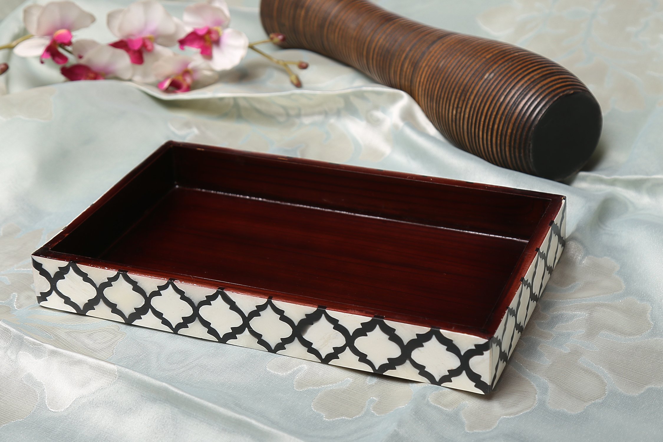 Handmade Moroccan Pattern 10x6 Towel Tray - Small Bathroom Tray, Guest Towel Holder, Decorative Napkin Holder, Bathroom Countertop Storage, Kitchen Hand Towel Holder in Black - Perfect for Bathroom Organization, Kitchen Decor & Guest Room Essentials