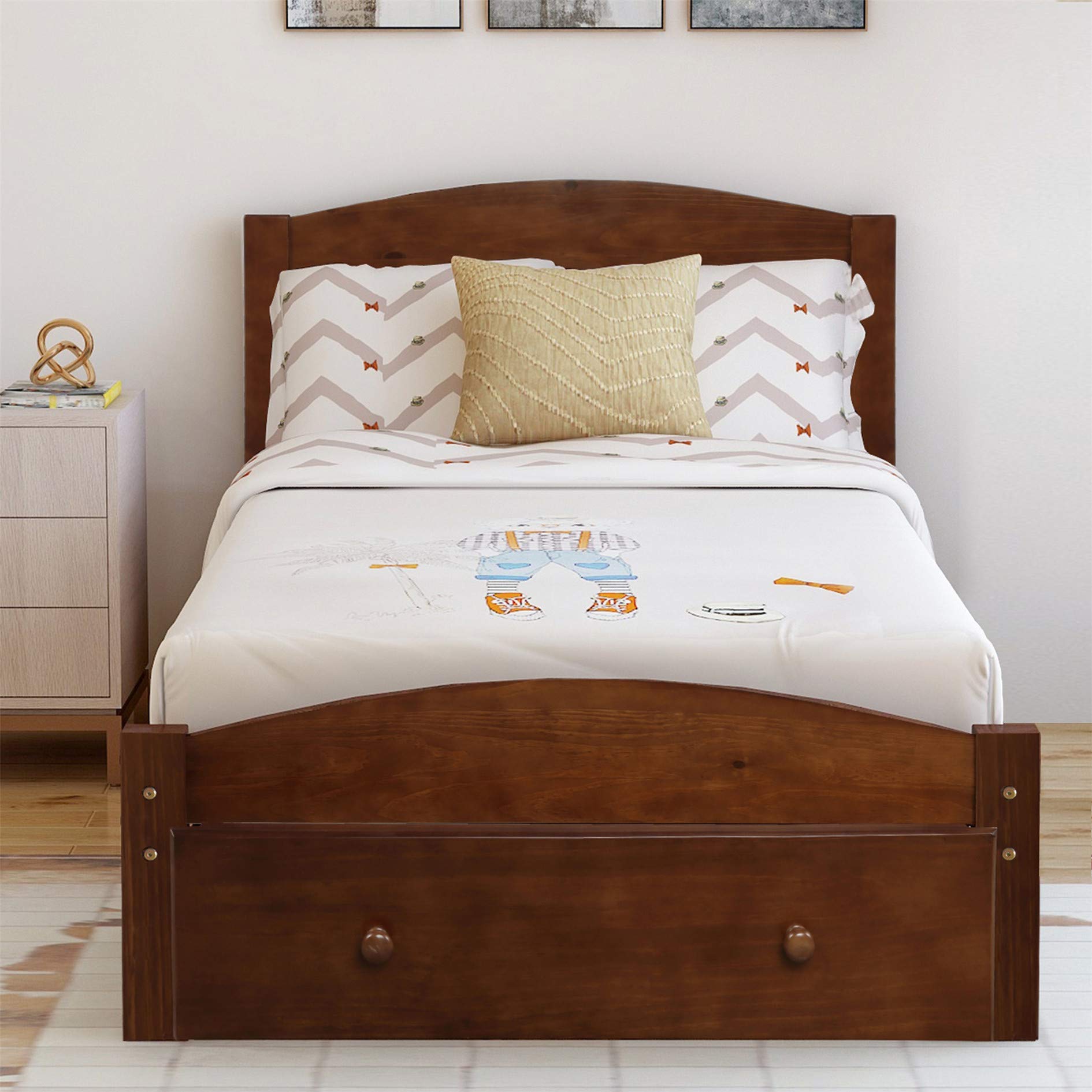 MERITLINE Twin Bed Frame with Storage Drawers - Solid Wood Platform Bed with Headboard & Slat Support, No Box Spring Required (Walnut Finish) - Perfect for Small Bedrooms, Guest Rooms & Dormitories