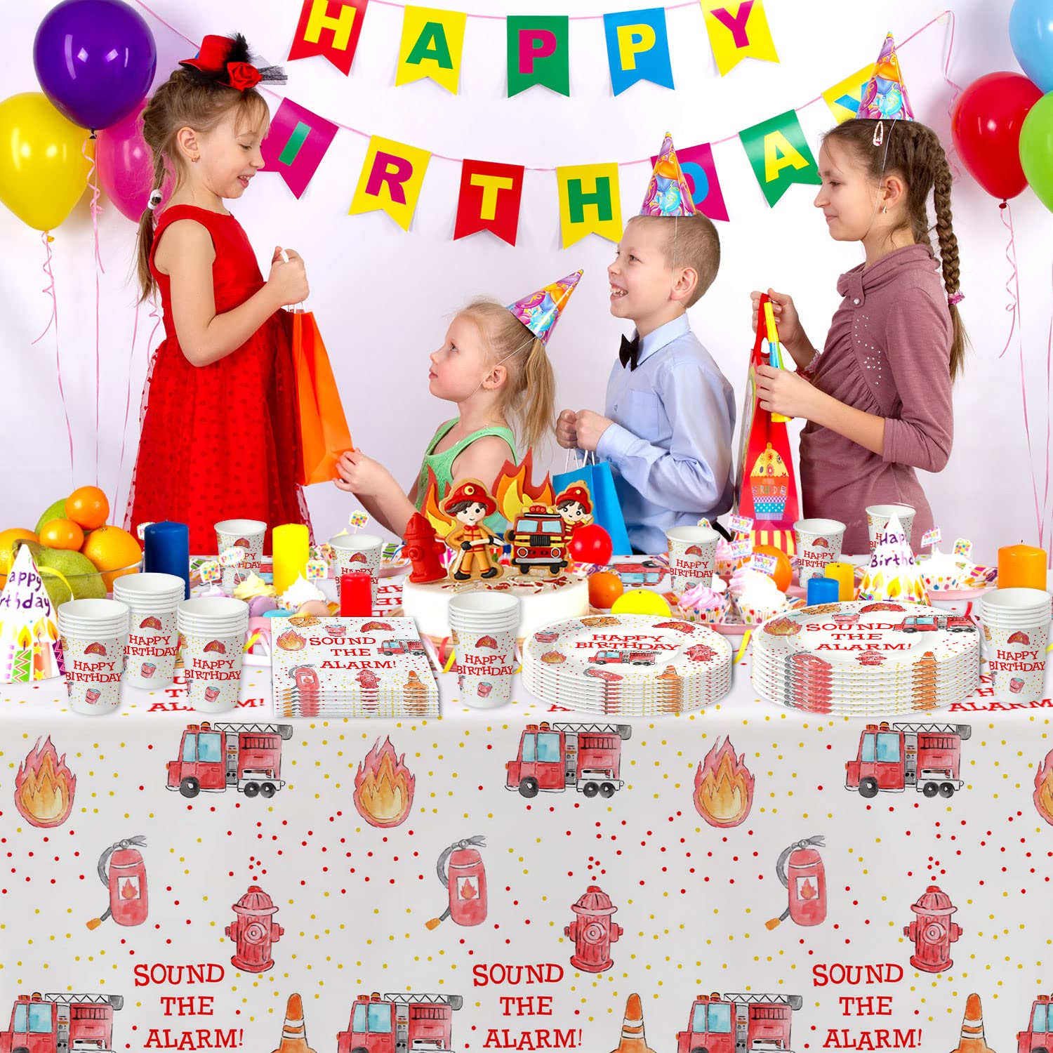 Fire Truck Birthday Party Supplies Set - 24-Piece Firefighter Themed Tableware Kit with Plates, Cups, Napkins, Tablecloth, Cutlery & Straws | Perfect for Fireman Themed Birthday Parties, Kids Celebrations & Emergency Service Appreciation Events