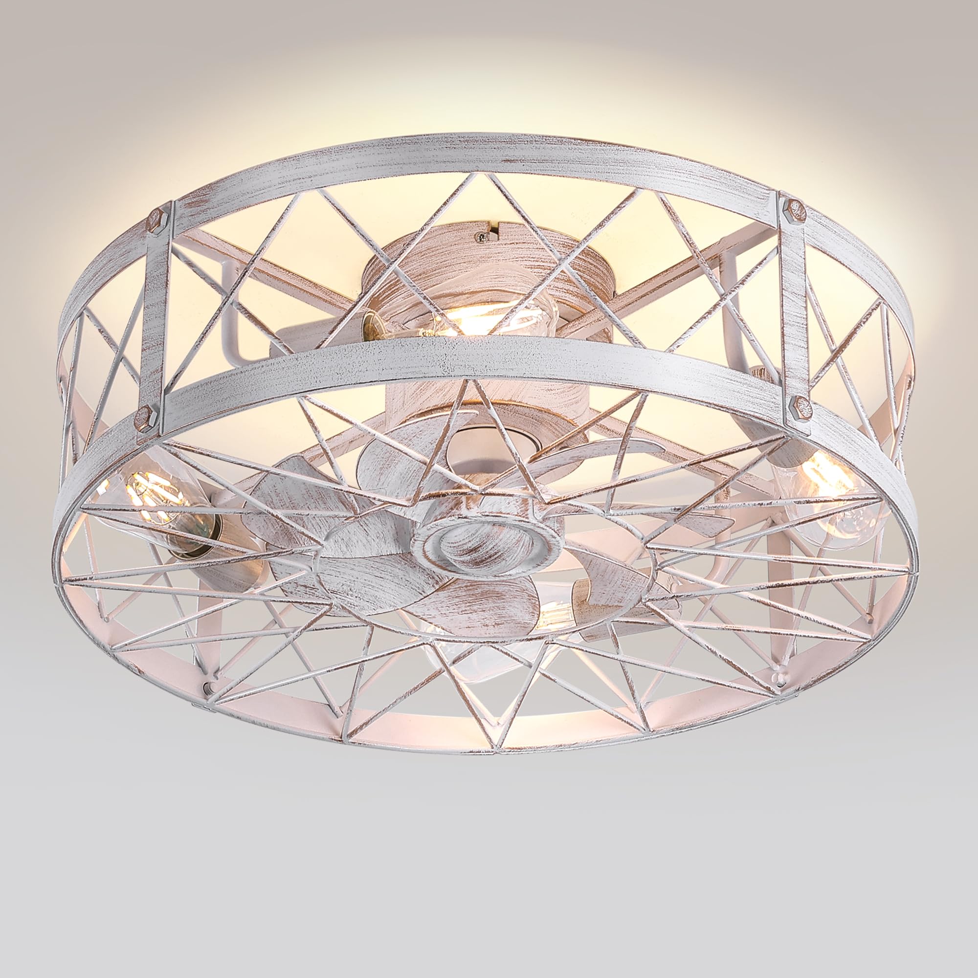 REDSTAR Retro Small Ceiling Fan with Light & Remote Control - Flush Mount Low Profile Caged Ceiling Fan for Bedroom, Living Room, Nursery - Energy Efficient Quiet Operation (White)