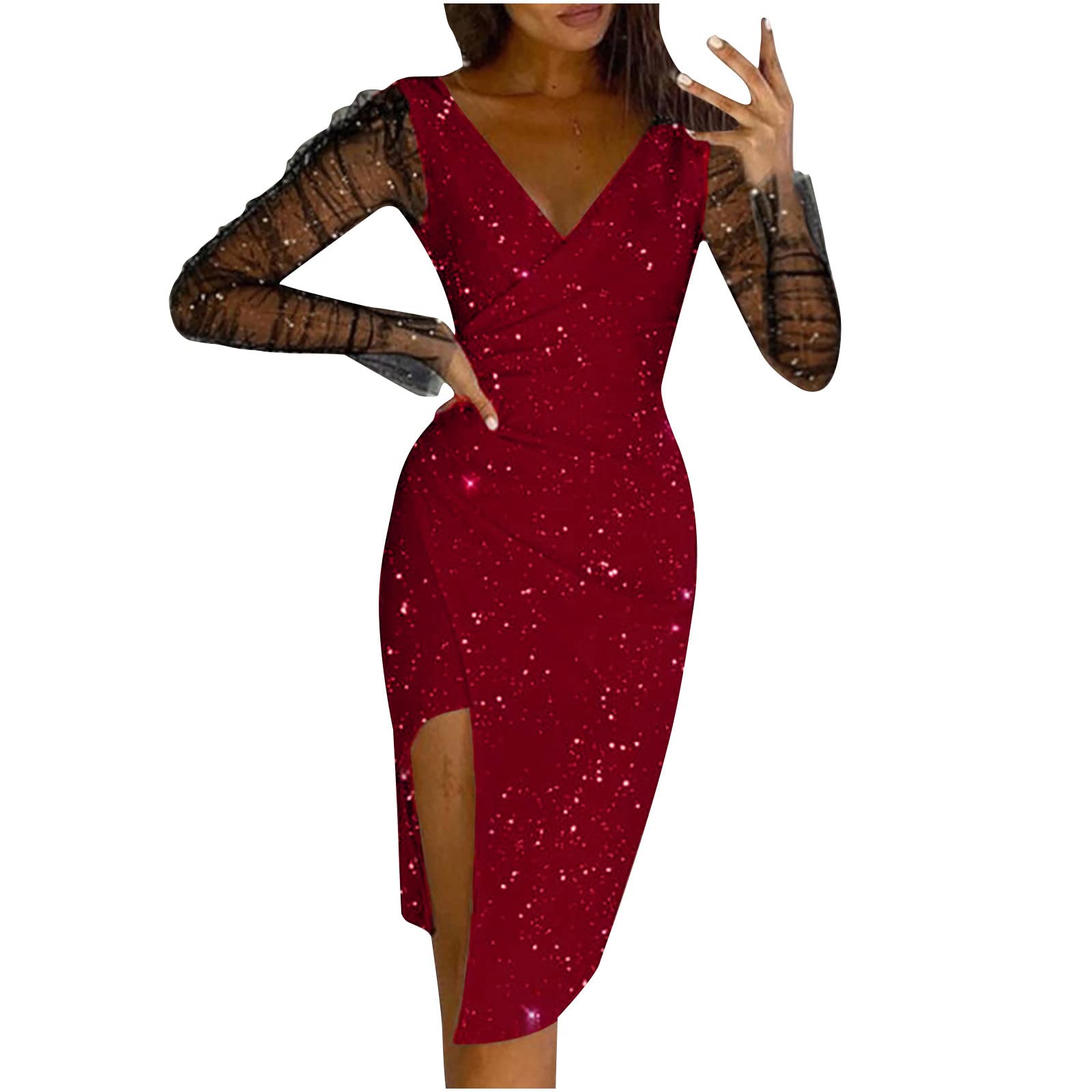 Elegant Women's V-Neck Midi Dress with Long Sleeves - Sheer Mesh & Sequins Bodycon Dress for Wedding Guests, Parties & Special Occasions