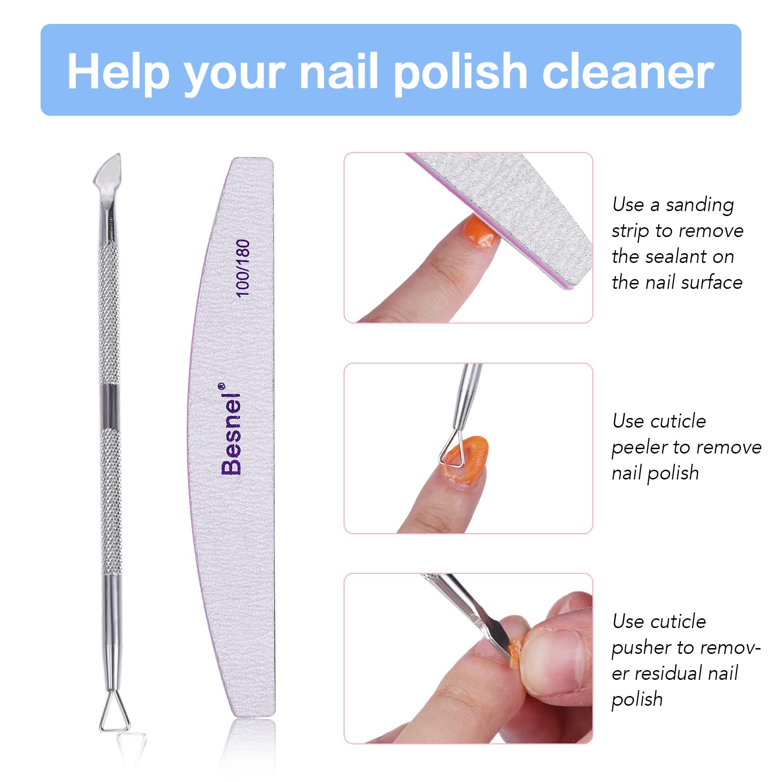 Professional 5-Pack Gel Nail Polish Remover Kit - Non-Irritating, Quick & Easy Nail Polish Removal with Cuticle Pusher & Nail Files (No Foil Soaking Needed) - Perfect for Salon & At-Home Manicures