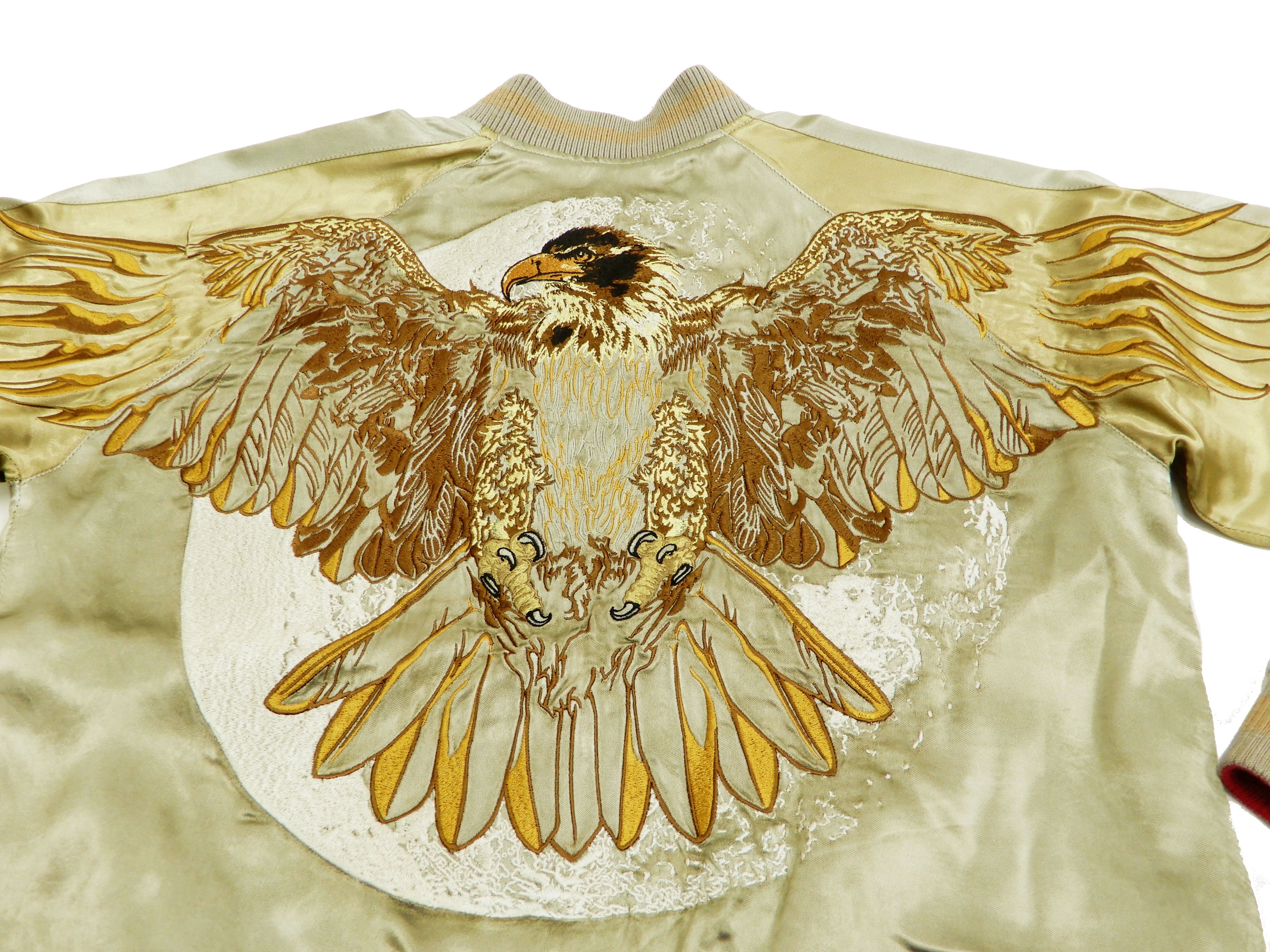 Satori Script Men's Japanese Souvenir Jacket - Hawk Embroidery Sukajan Bomber Jacket GSJR 018 in Beige & Gold - Perfect for Streetwear, Cosplay, and Vintage Fashion Enthusiasts