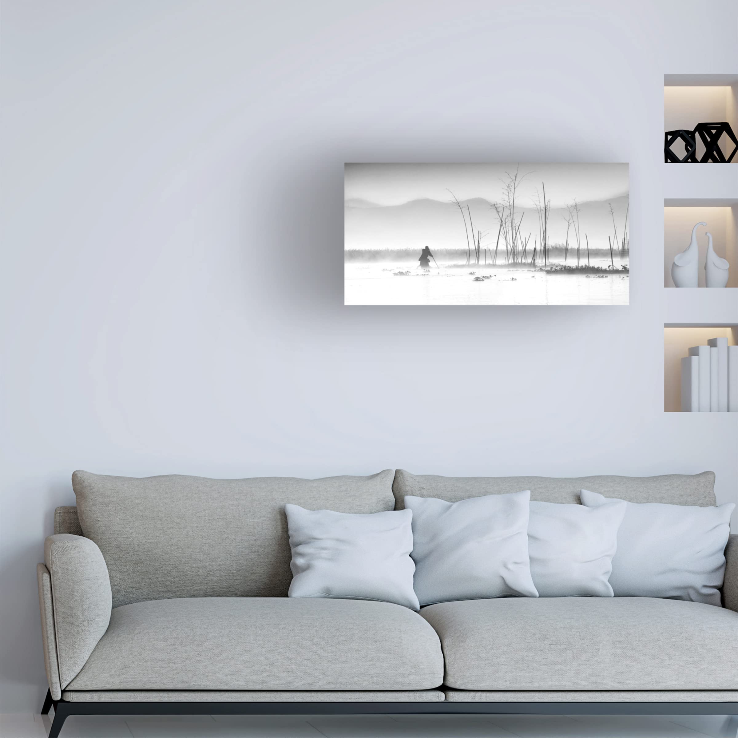 Joe B N 'Fishing In A Misty Morning' Canvas Wall Art Print - Landscape Nature Painting for Living Room, Bedroom & Office Decor