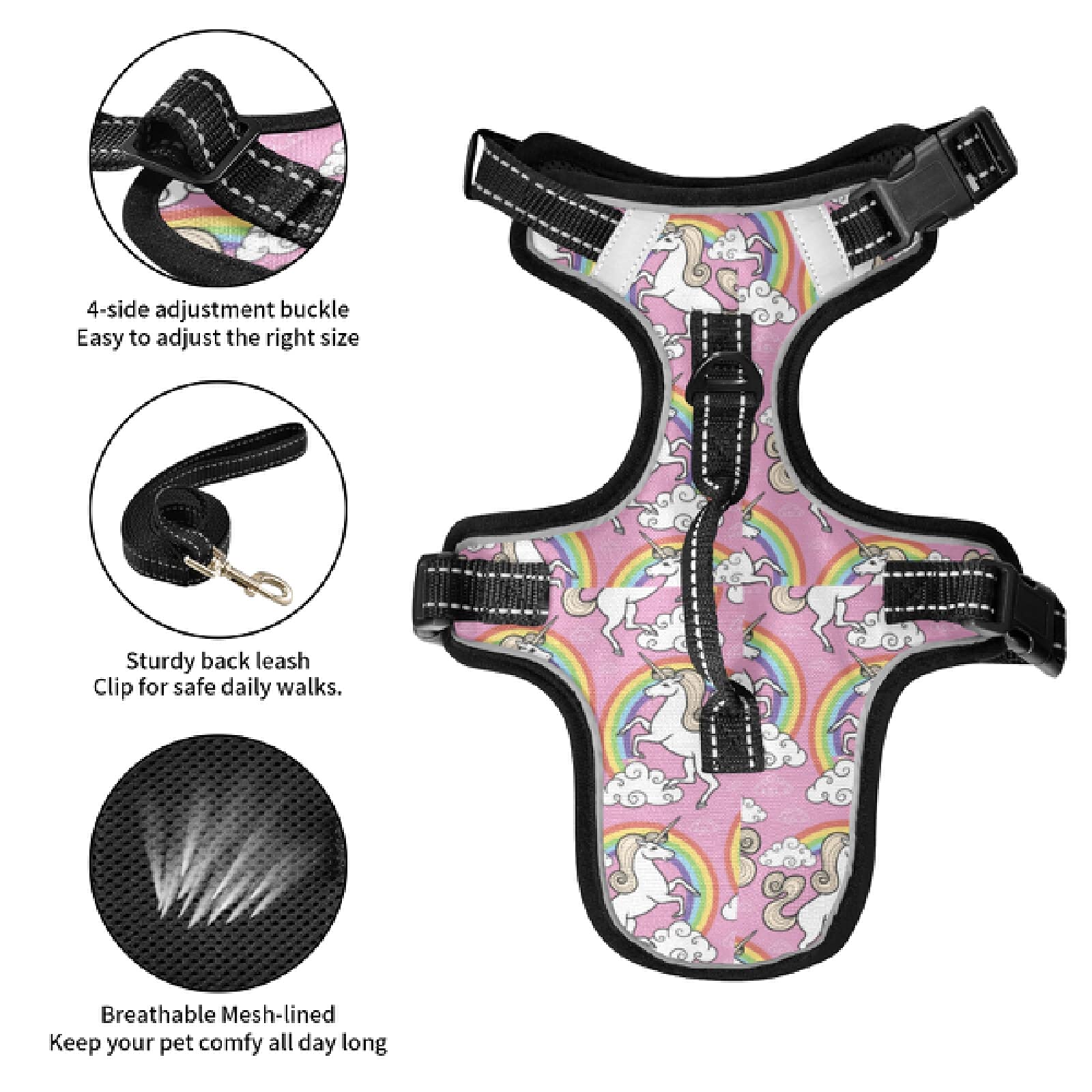 Unicorn Dog Harness No Pull Reflective Vest - Breathable Pet Harness with Nylon Handle for Small & Medium Dogs - Perfect for Night Walks, Outdoor Adventures & Costume Parties