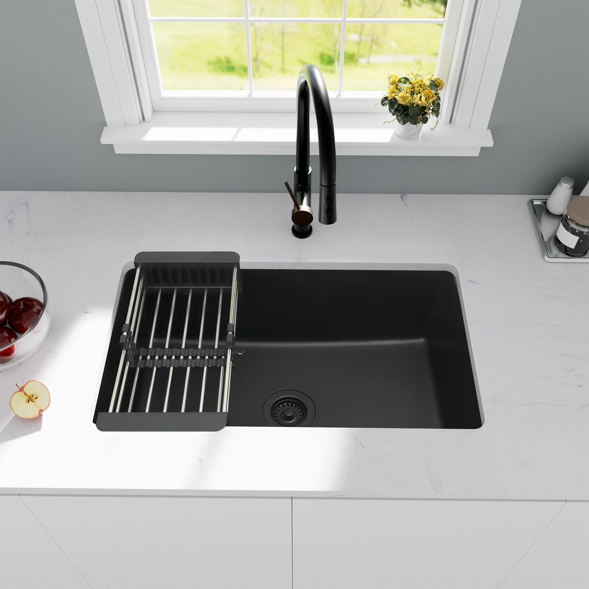 30 Inch Undermount Kitchen Sink - Matte Black Granite Composite Single Bowl with Accessories | Perfect for Modern Farmhouse & Contemporary Kitchen Designs