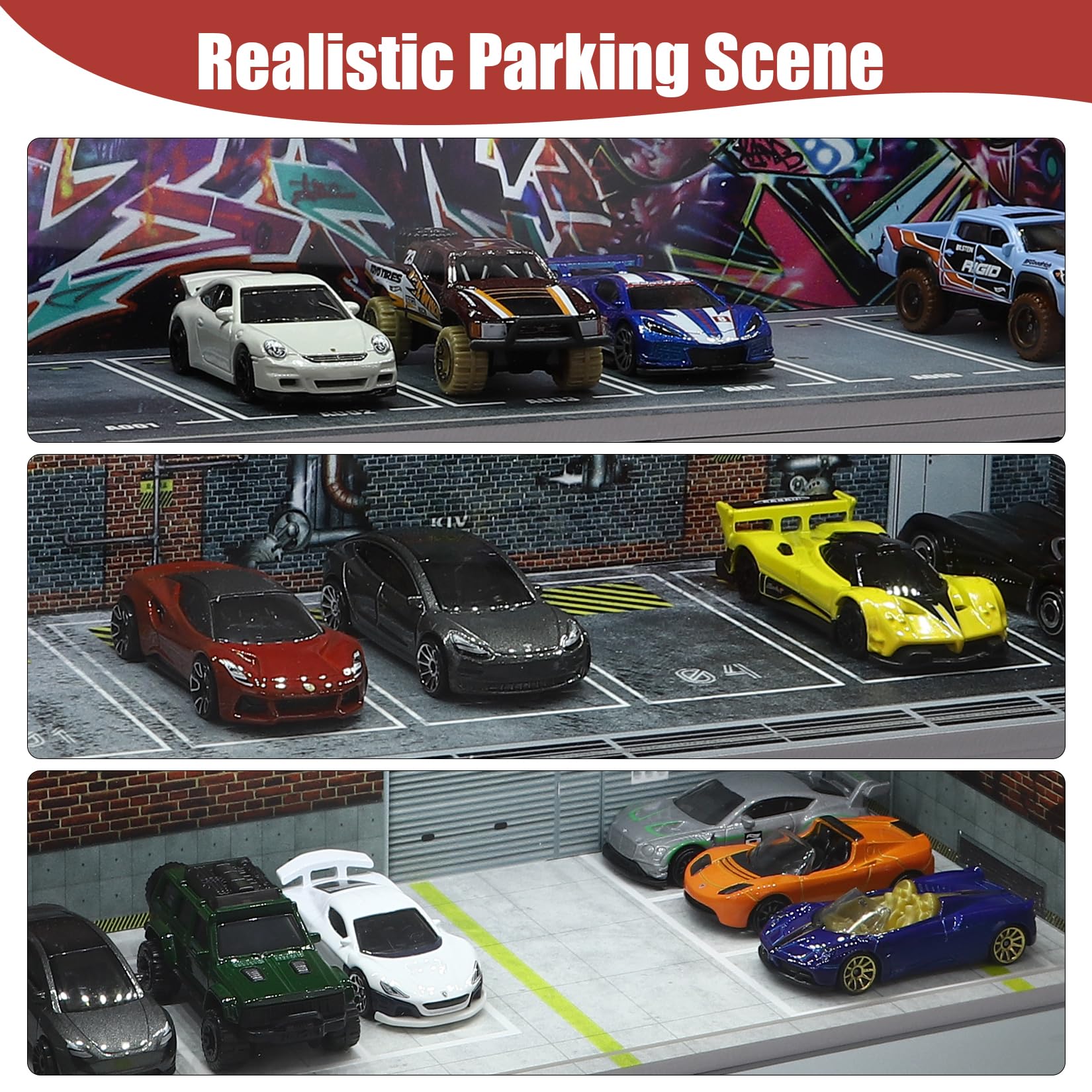 Hot Wheels and Matchbox 1/64 Scale Toy Car Display Case - Stackable Parking Garage with LED Lights & Acrylic Cover for Monster Trucks | Foamboard Storage & Repair Shop Organizer | Perfect for Collectors, Kids' Rooms, and Retail Displays