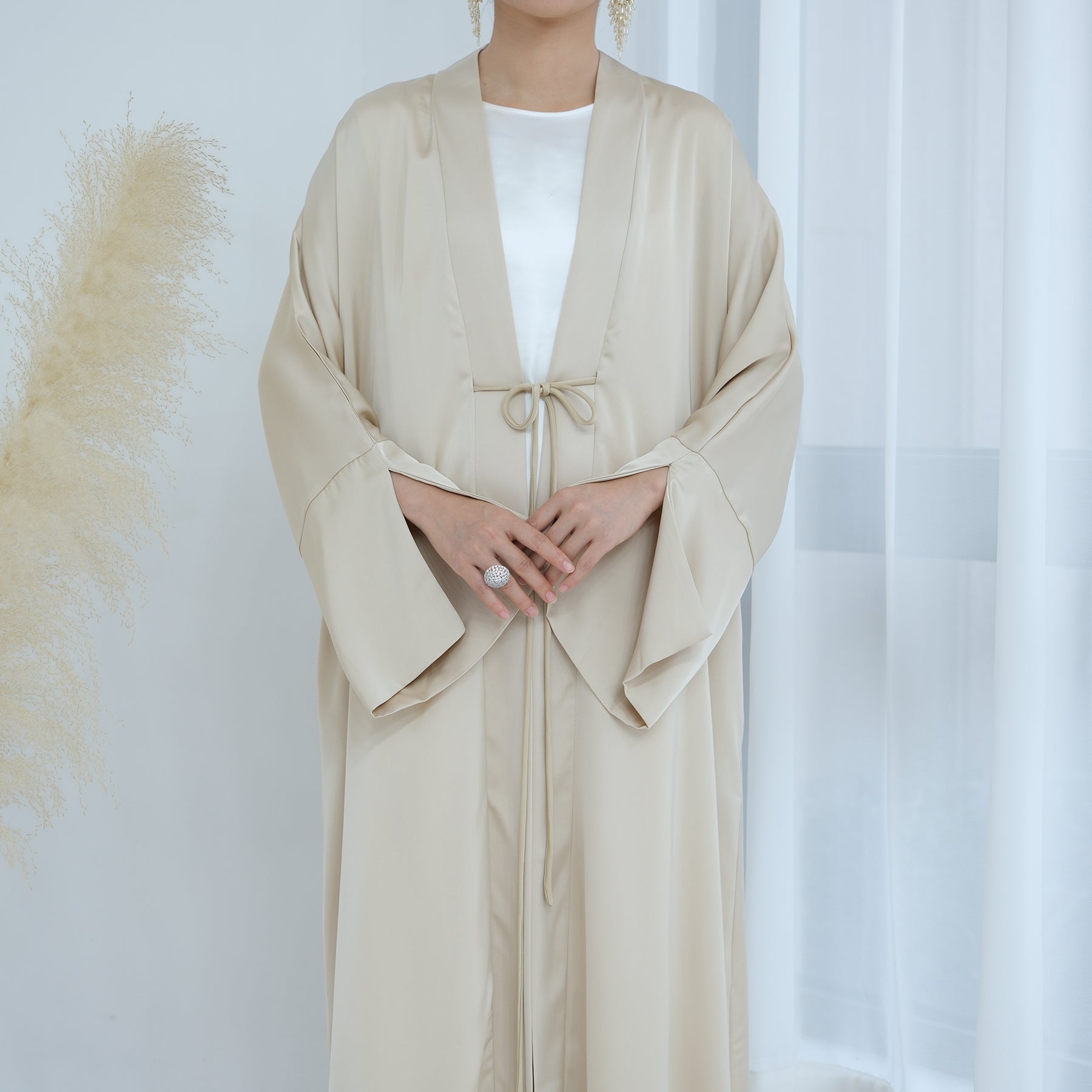 Lavinia Satin Open Abaya Beige - Elegant Muslim Prayer Dress for Women, Perfect for Mosque, Eid & Special Occasions