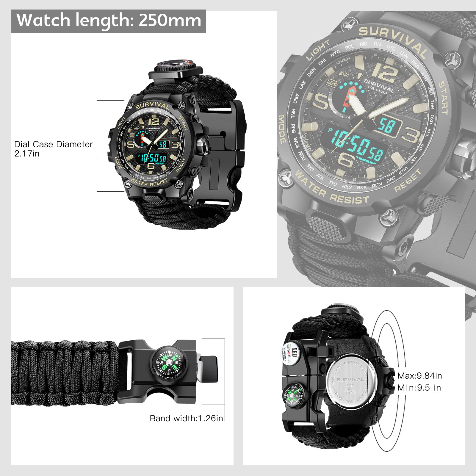 Kavie 23-in-1 Tactical Watch for Men - Waterproof Outdoor Survival Watch with Compass & Fire Starter for Hiking & Camping