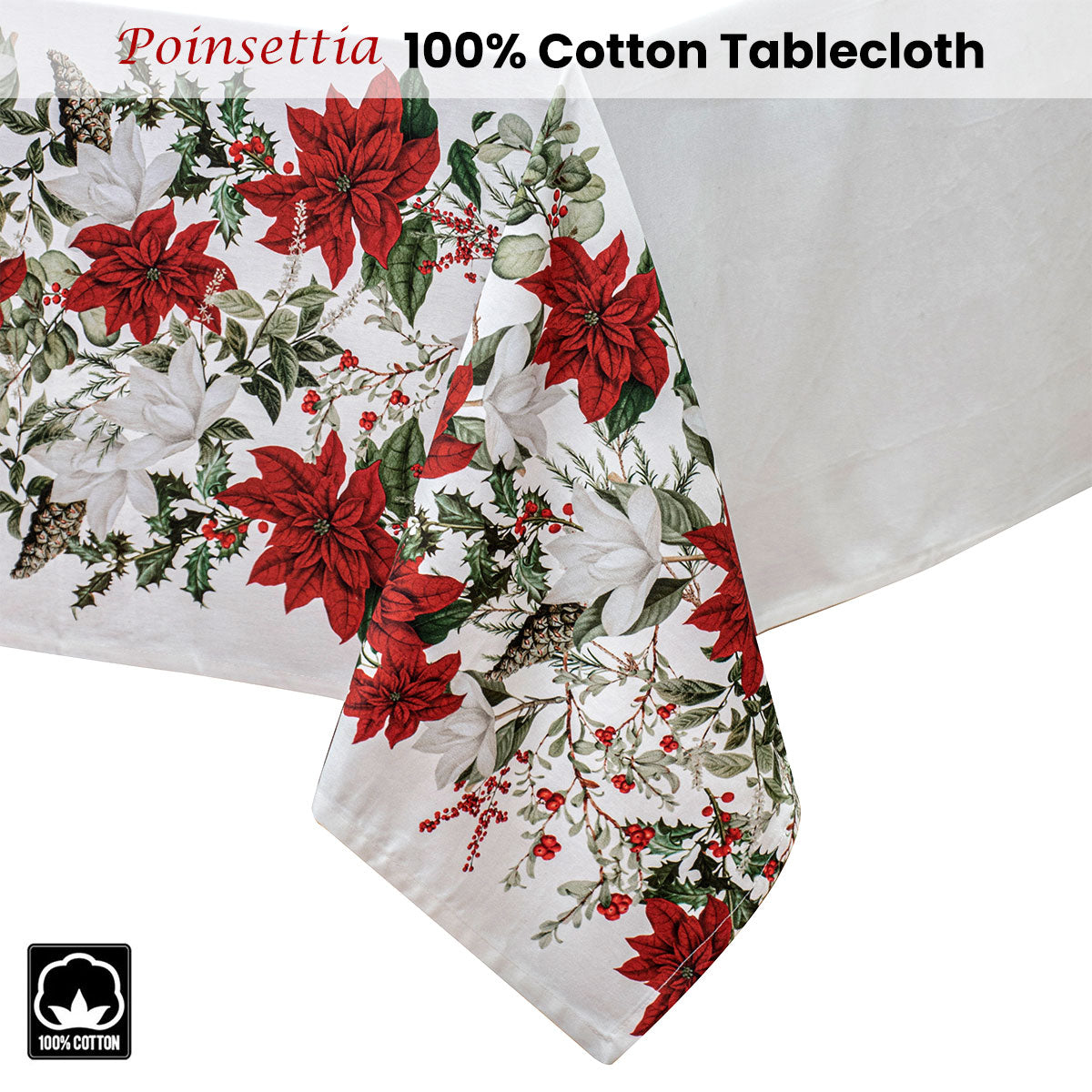 Premium 100% Cotton Ashdene Poinsettia Christmas Tablecloth 60x90 Inches - Festive Holiday Dining Decor for Parties & Family Gatherings