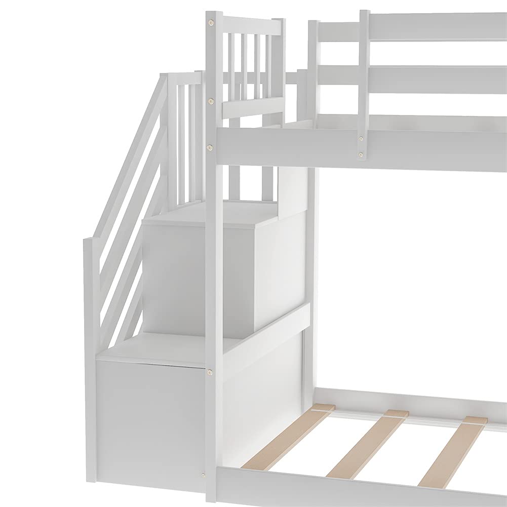 Twin Over Twin Bunk Bed with Slide & Stairs - Solid Wood Convertible Bunk Bed with Safety Guardrail, No Box Spring Required - Perfect for Kids' Bedroom, Guest Room or Vacation Home (White)