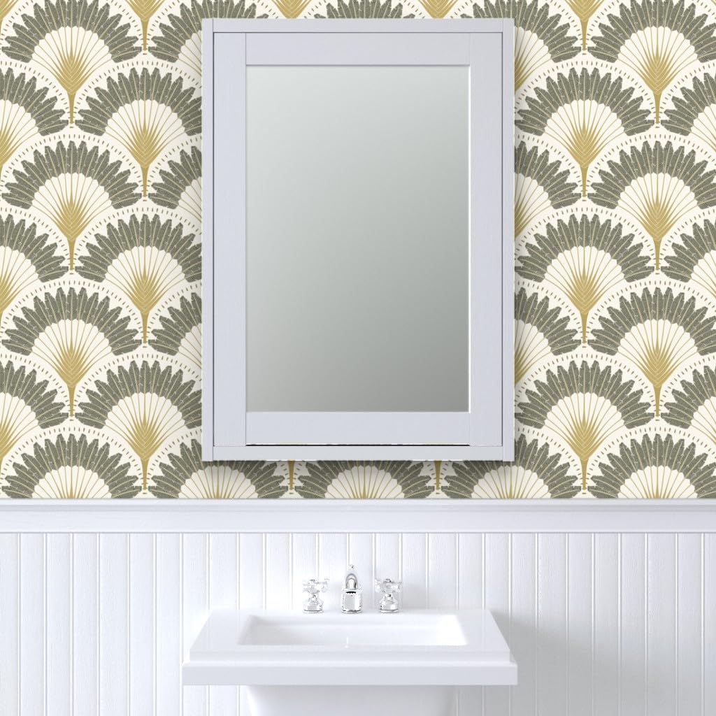 Peel & Stick Removable Wallpaper 3ft x 2ft - Neutral Botanicals with Palms & Art Deco Fans | Trendy Custom Wallpaper by Spoonflower | Perfect for Bedroom, Living Room & Home Office Decor